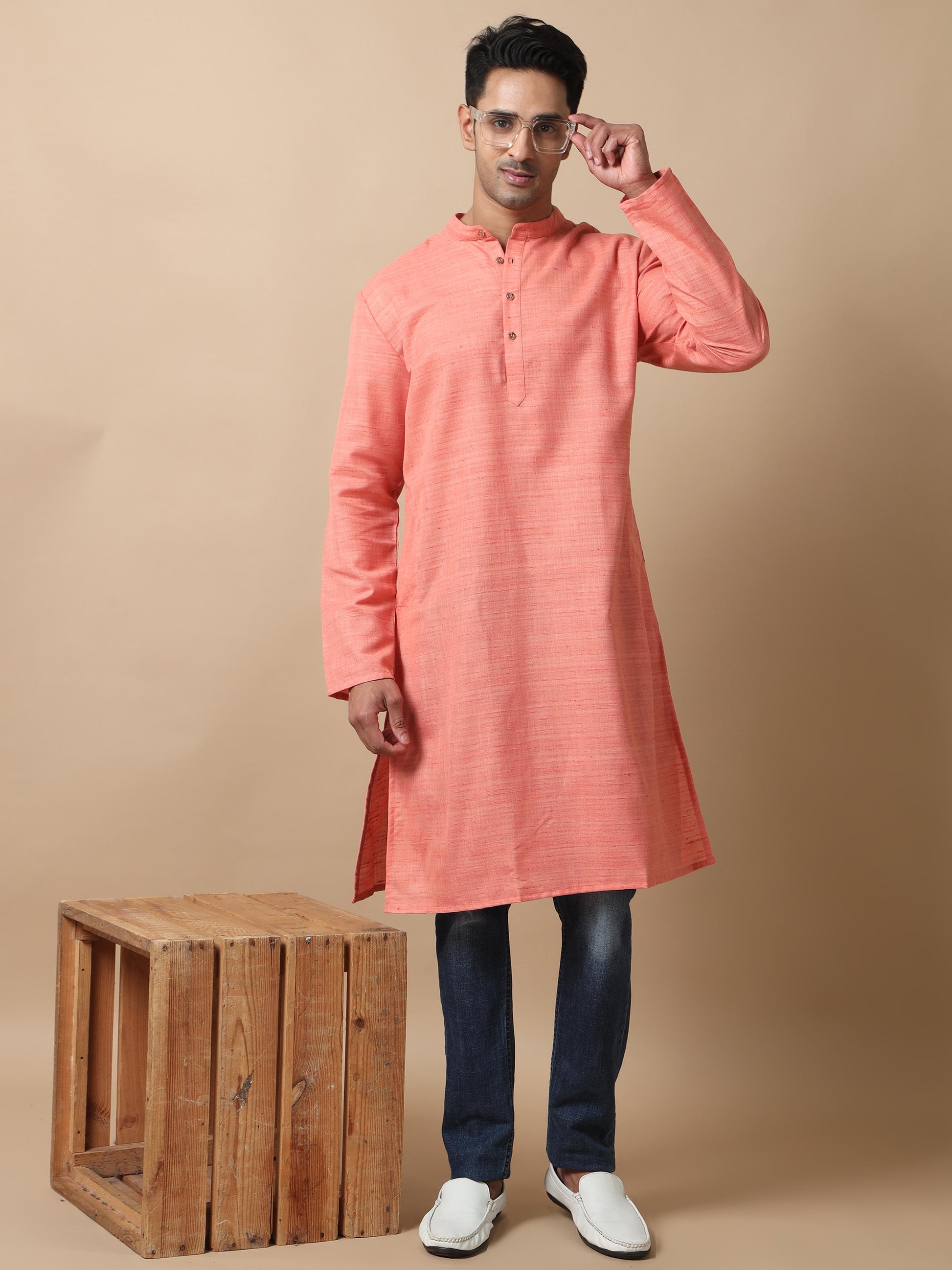 Peach Textured long kurta for men stylish