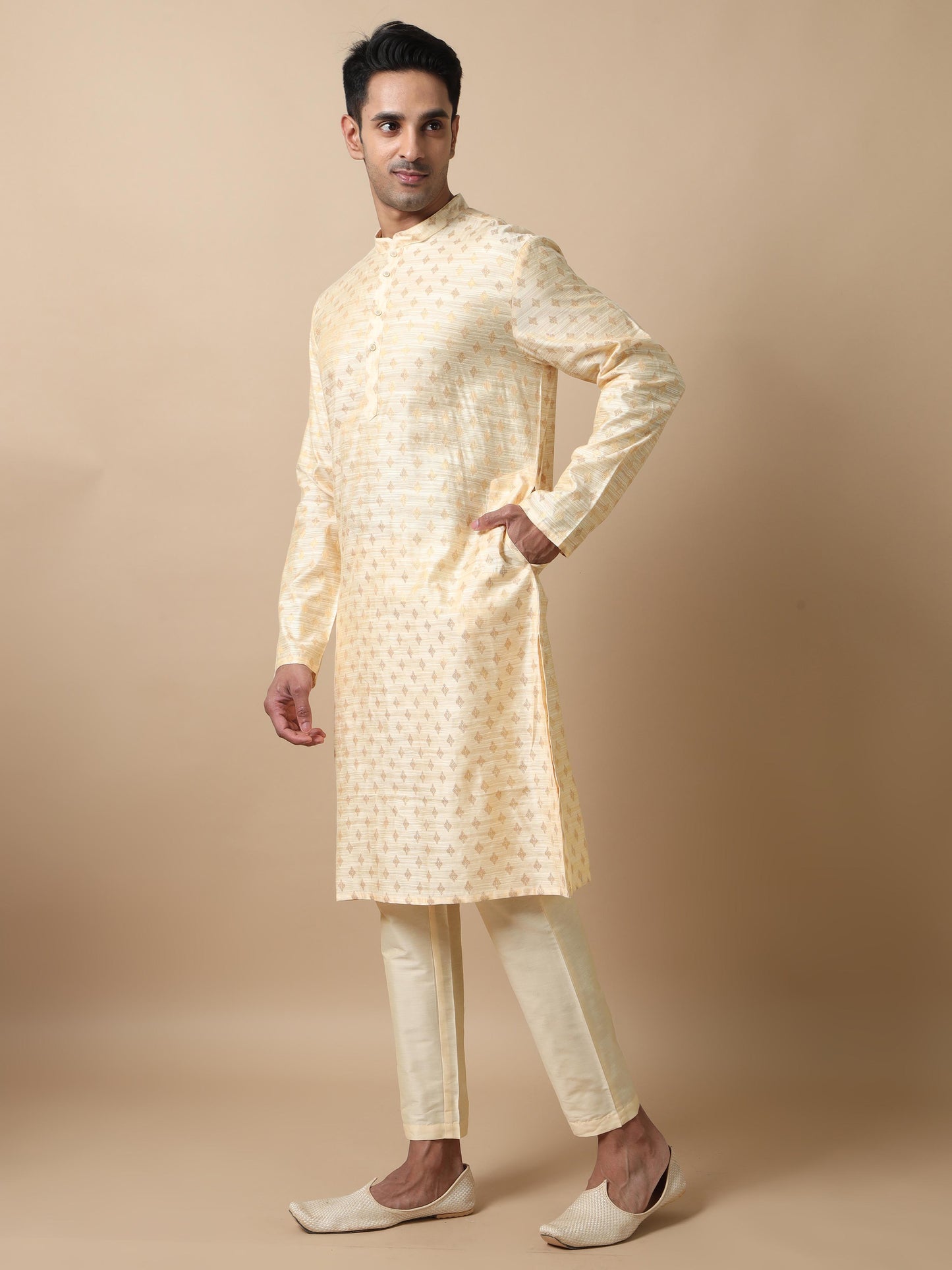 Cream Banarasi Buta Long Kurta for Men 