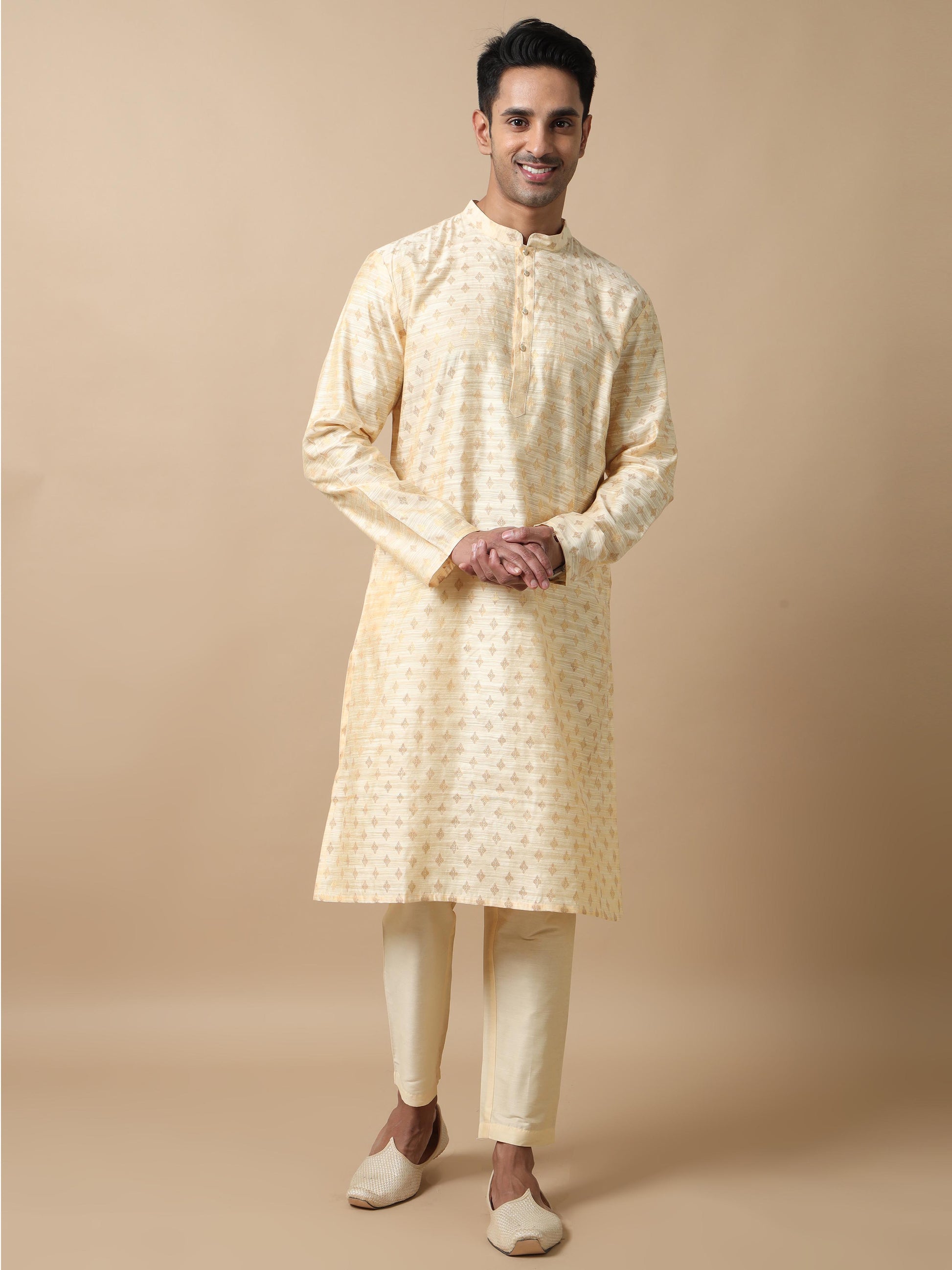 Cream Banarasi Buta Long Kurta for Men 