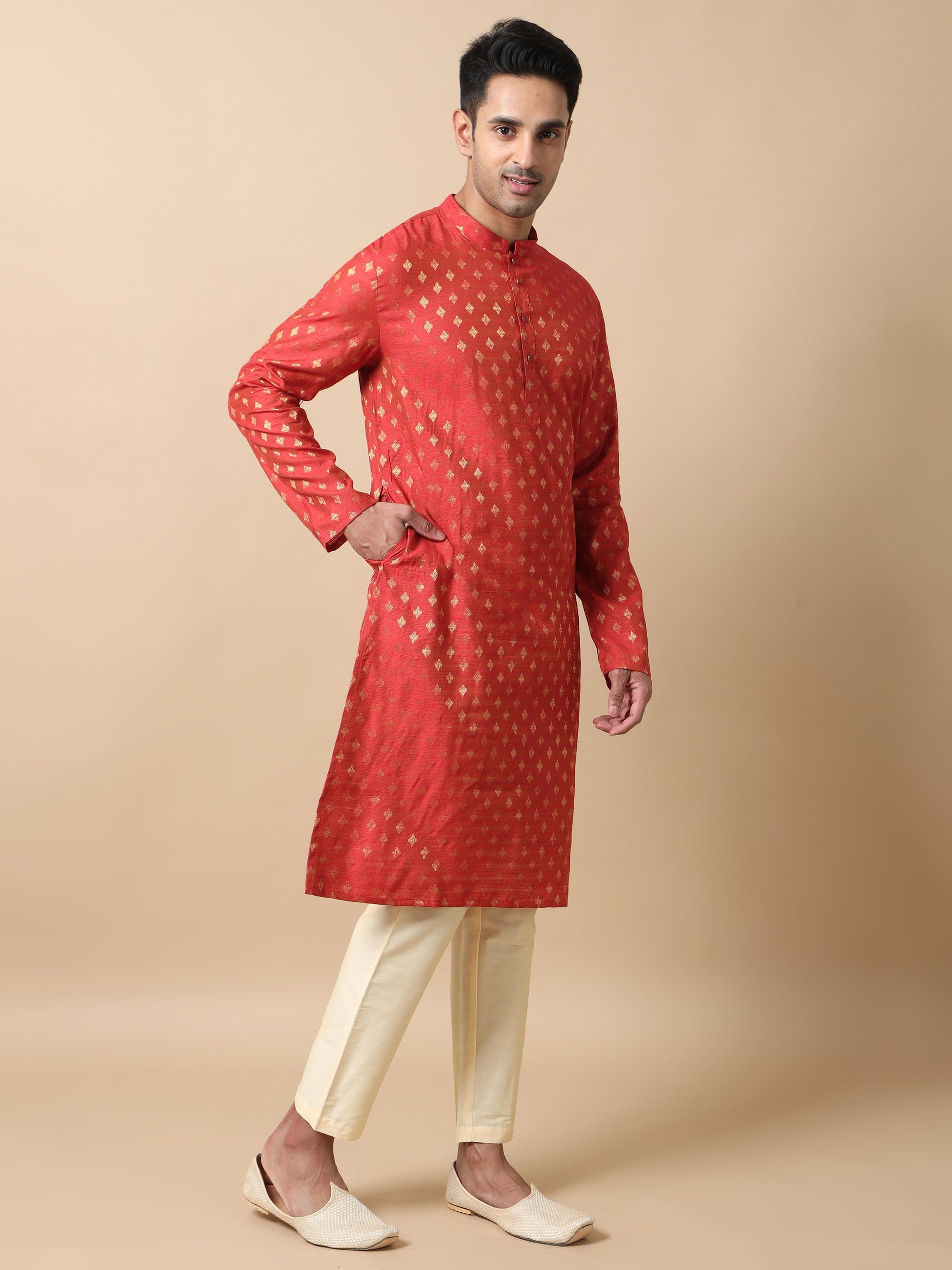 Red Banarasi mens long kurta designs