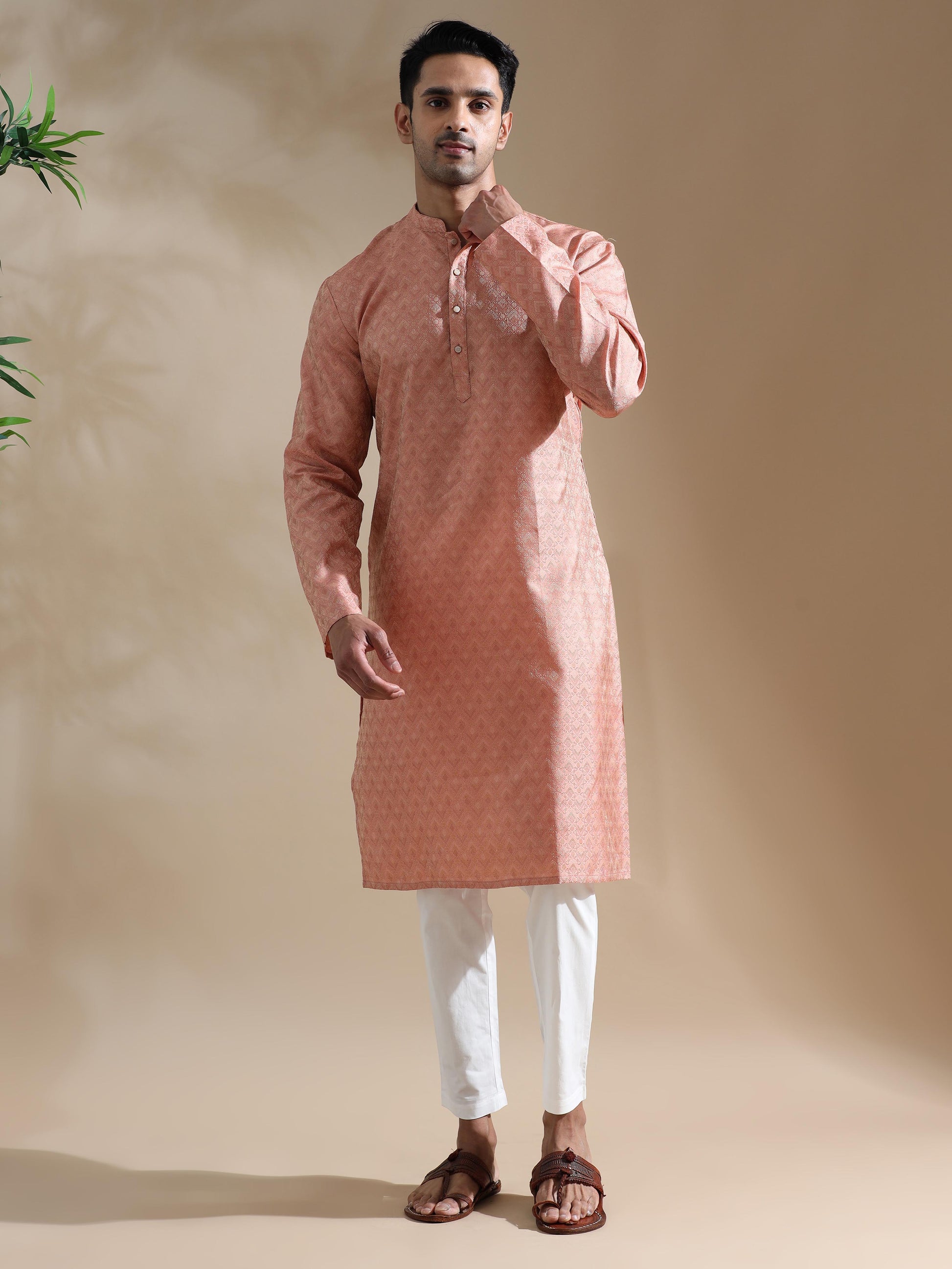 Peach Banarasi kurta long for men