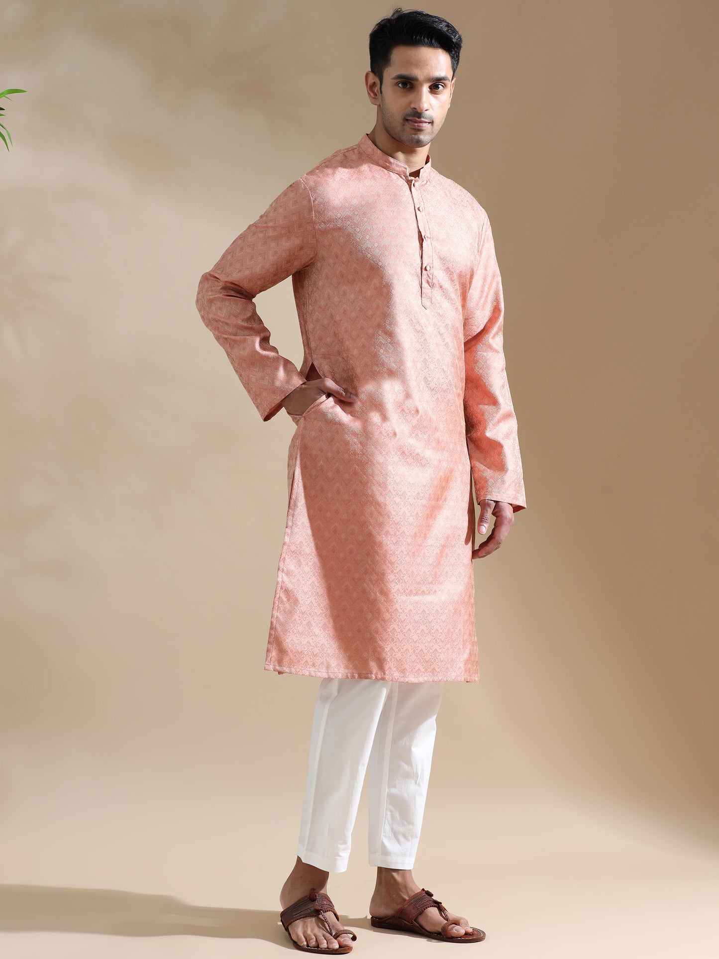 Peach Banarasi kurta long for men