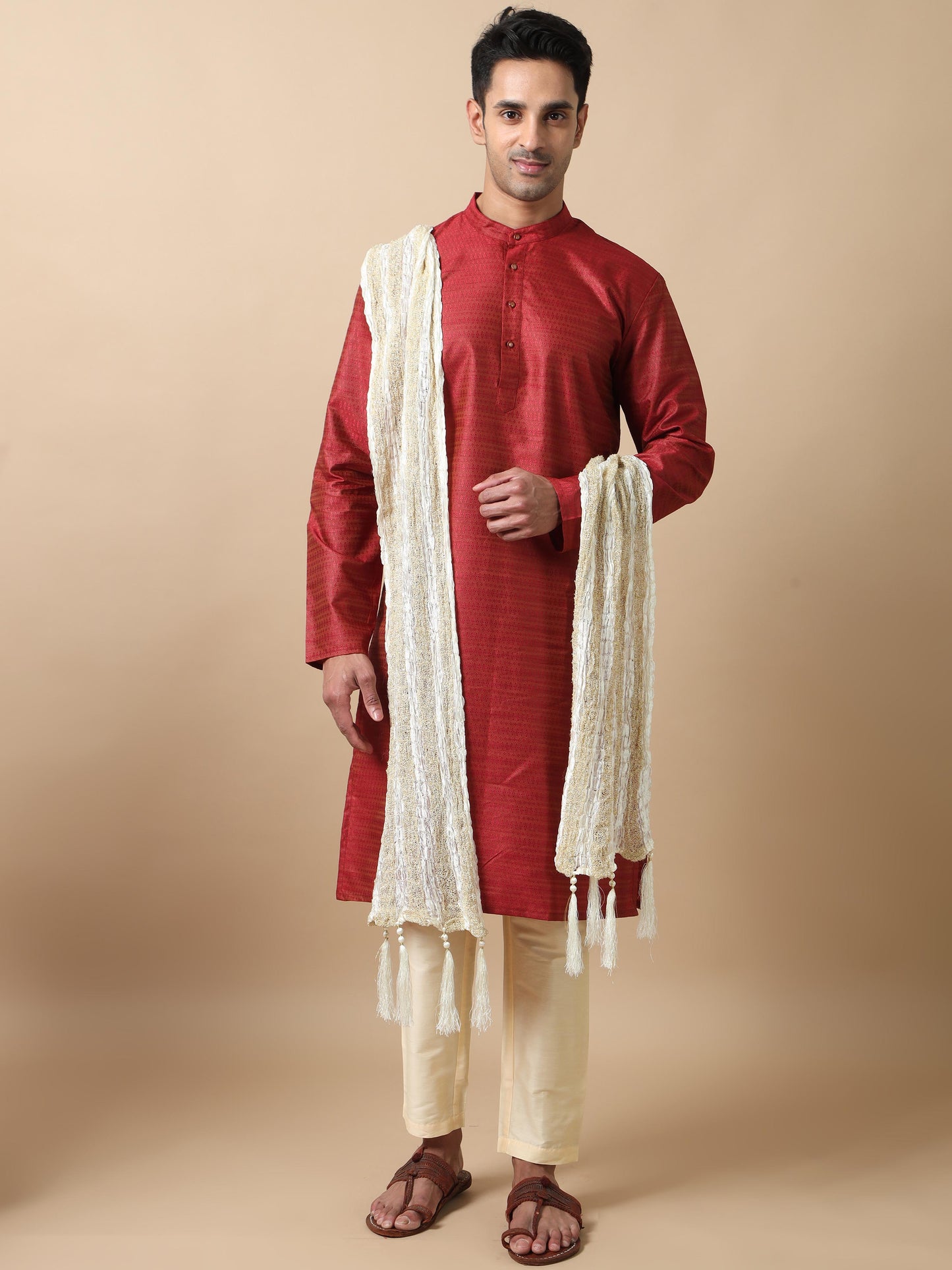 Maroon Banarasi Woven men's long kurtas 