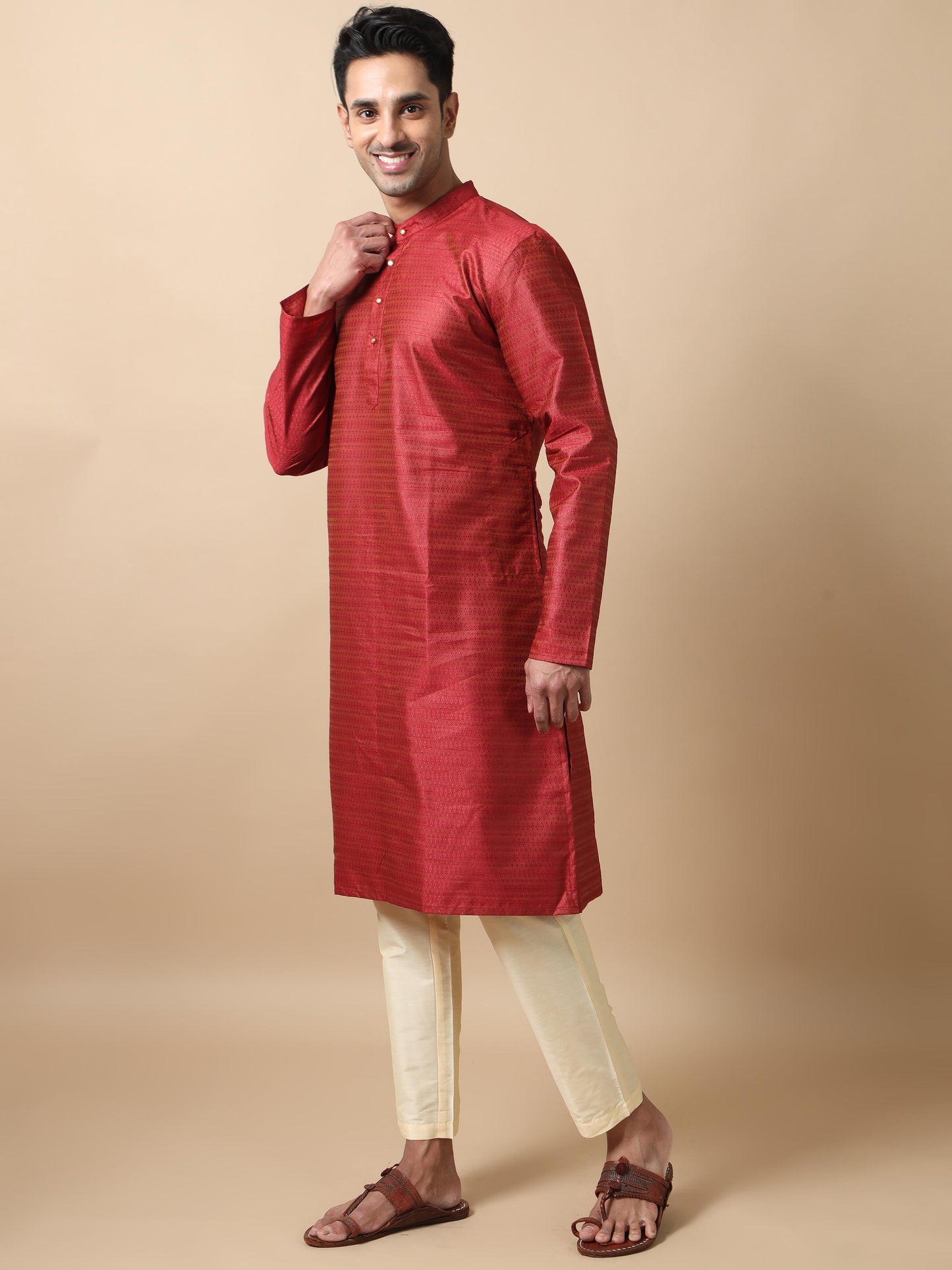 Maroon Banarasi Woven men's long kurtas 