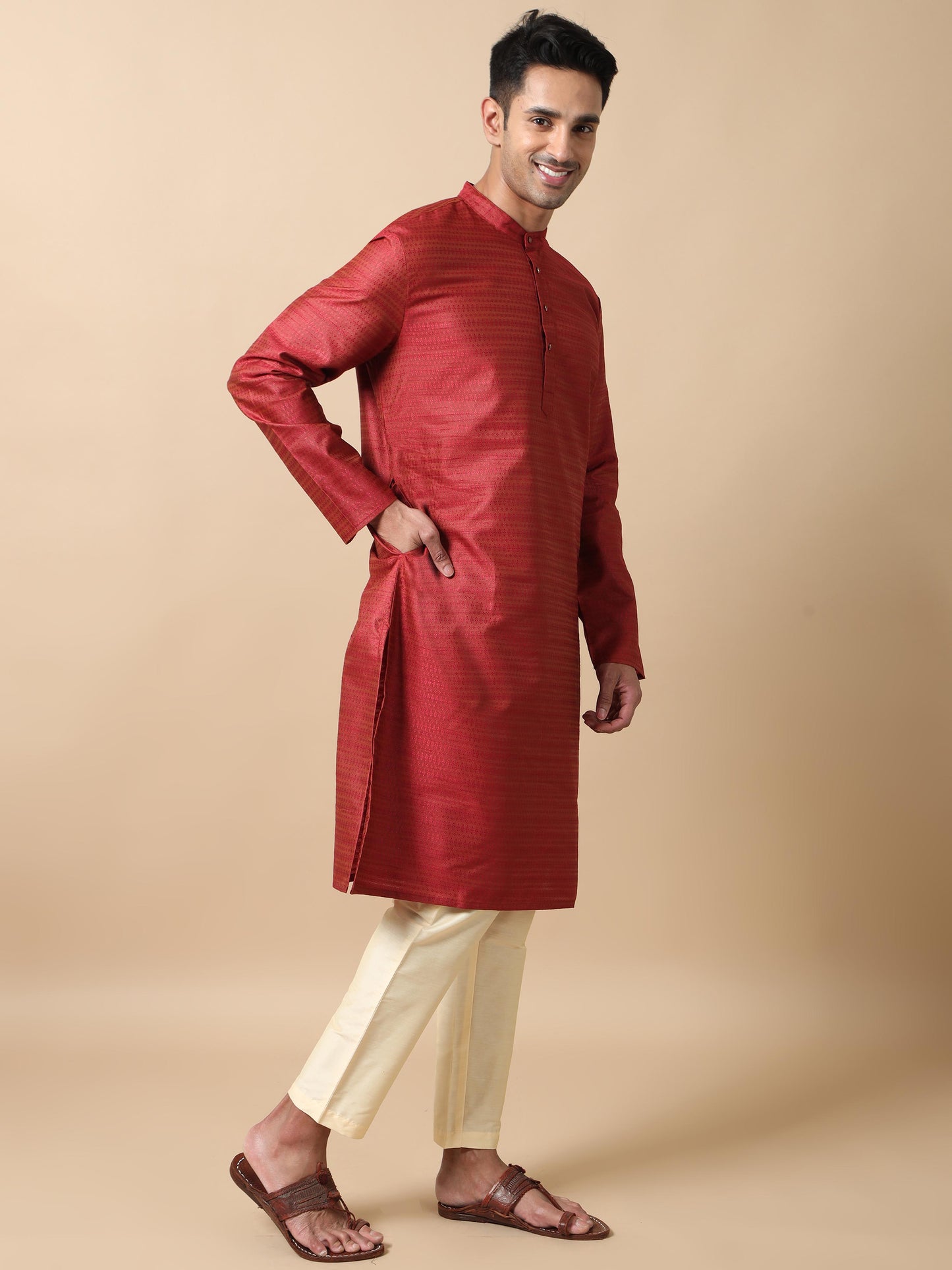 Maroon Banarasi Woven men's long kurtas 