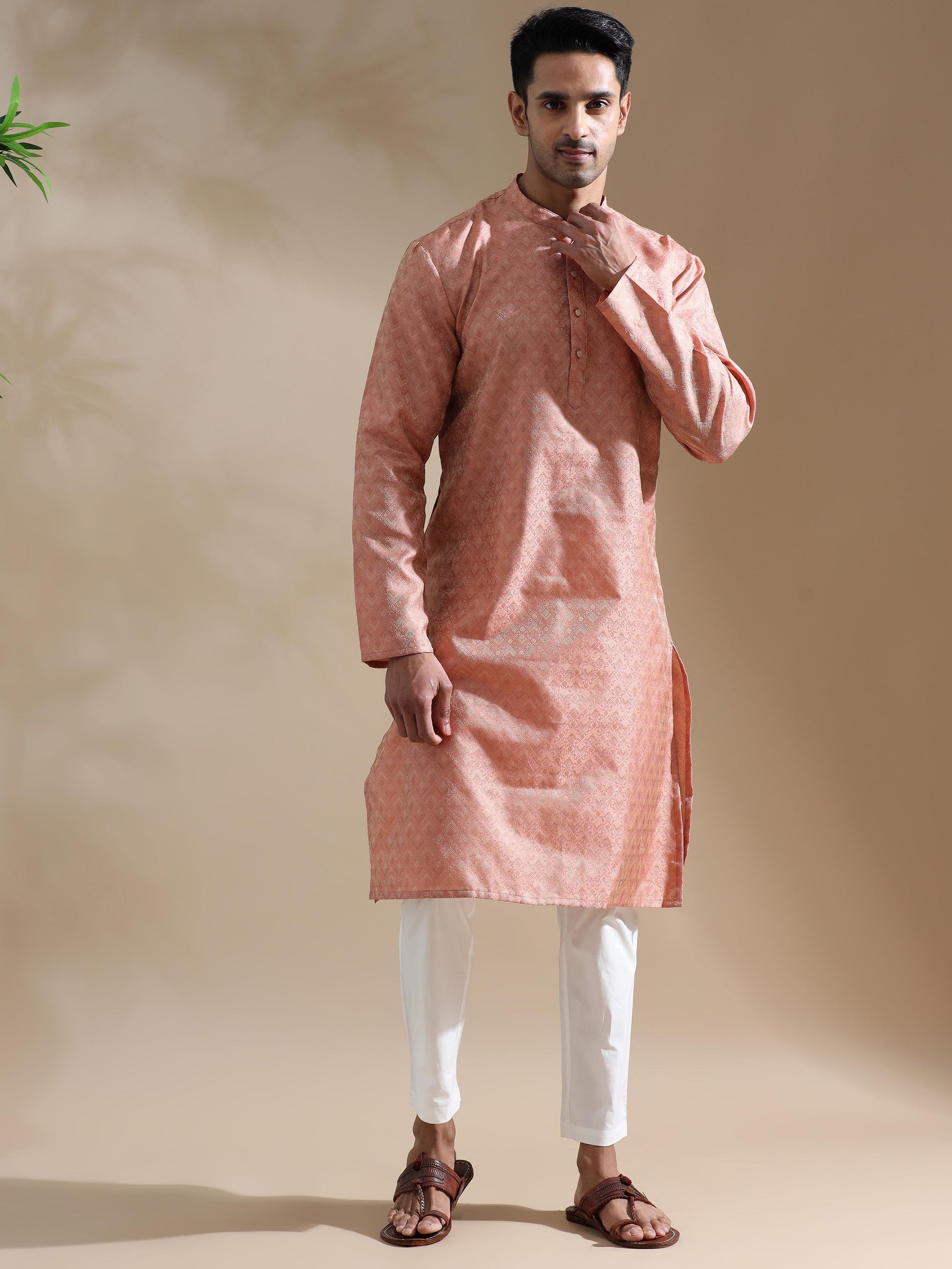 Peach Banarasi kurta long for men