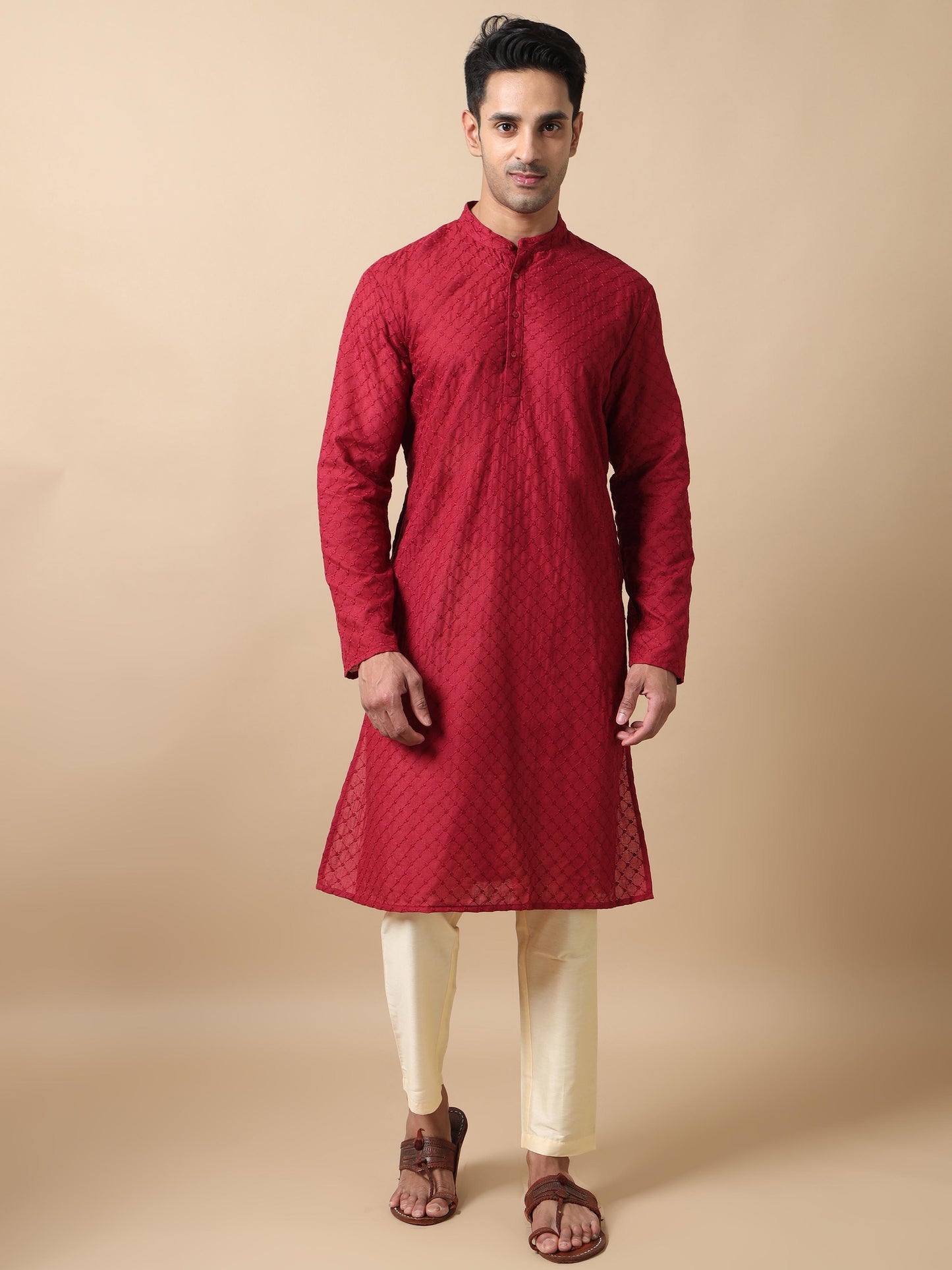 Maroon Chikankari long kurta designs for mens