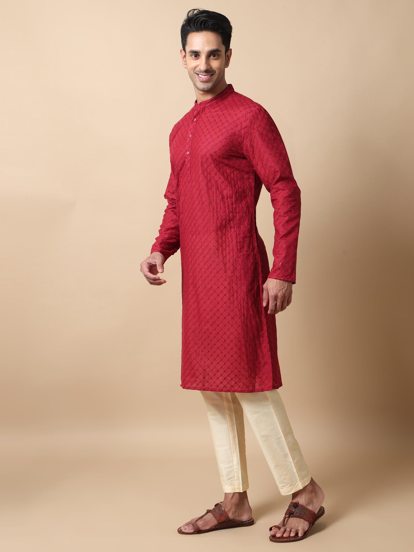 Maroon Chikankari long kurta designs for mens