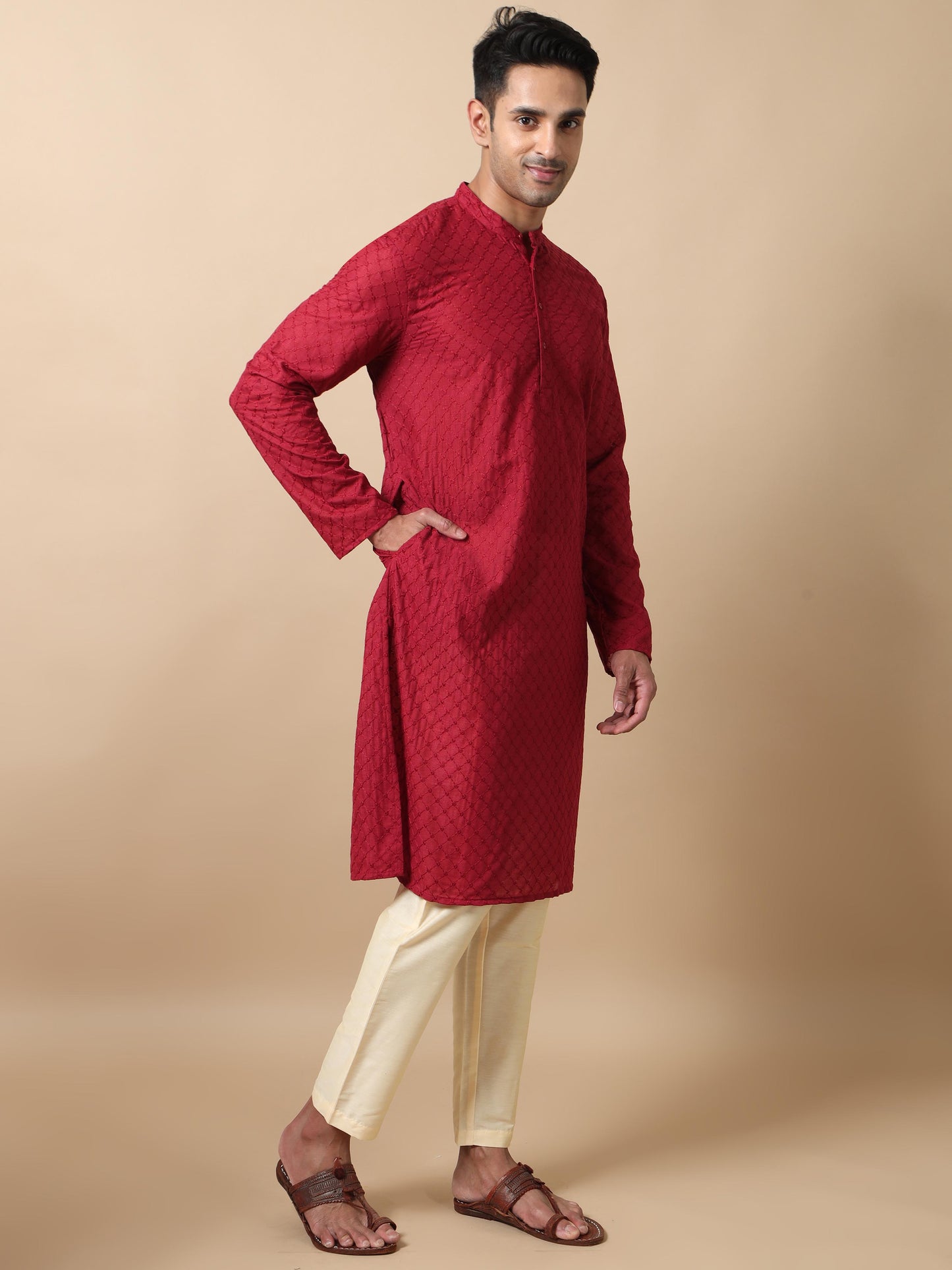 Maroon Chikankari long kurta designs for mens