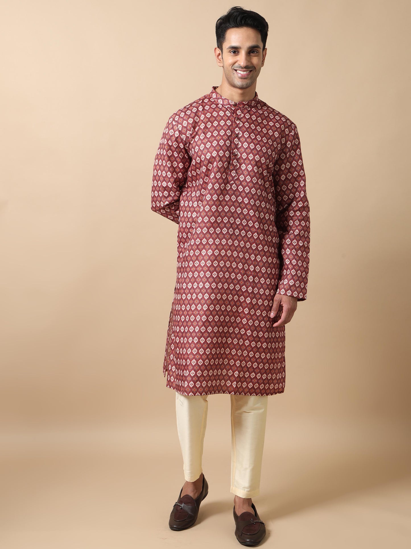 Maroon printed kurta for men