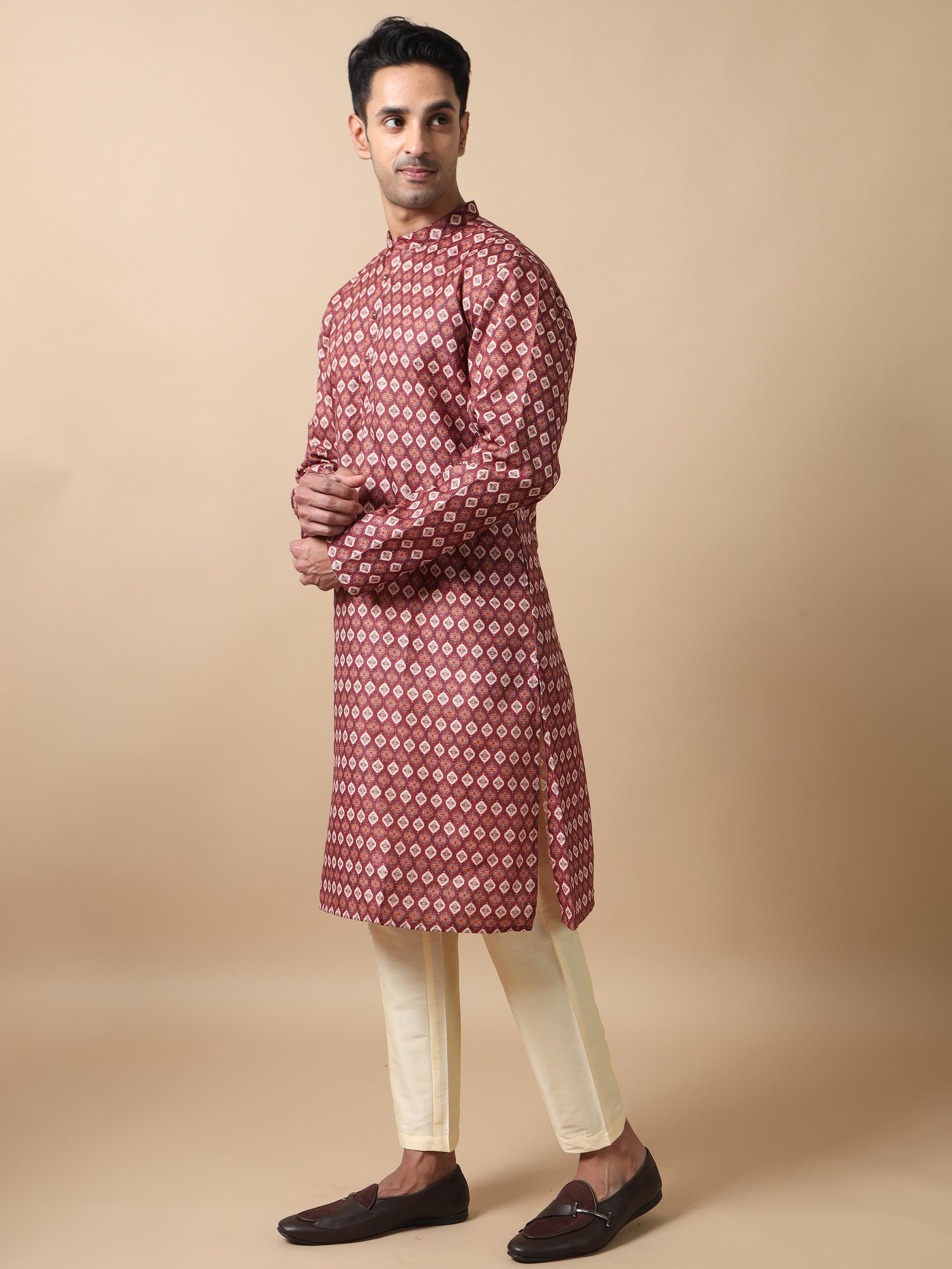 Maroon printed kurta for men