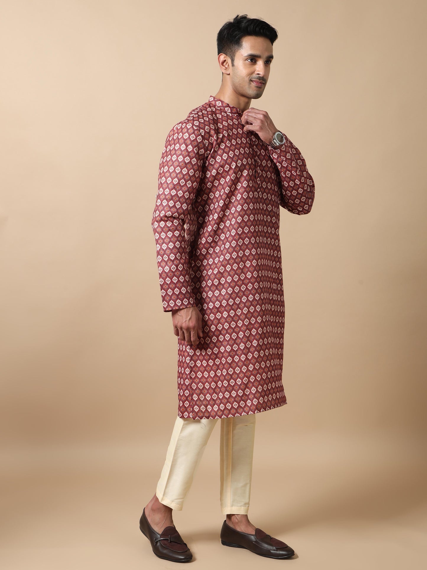 Maroon printed kurta for men