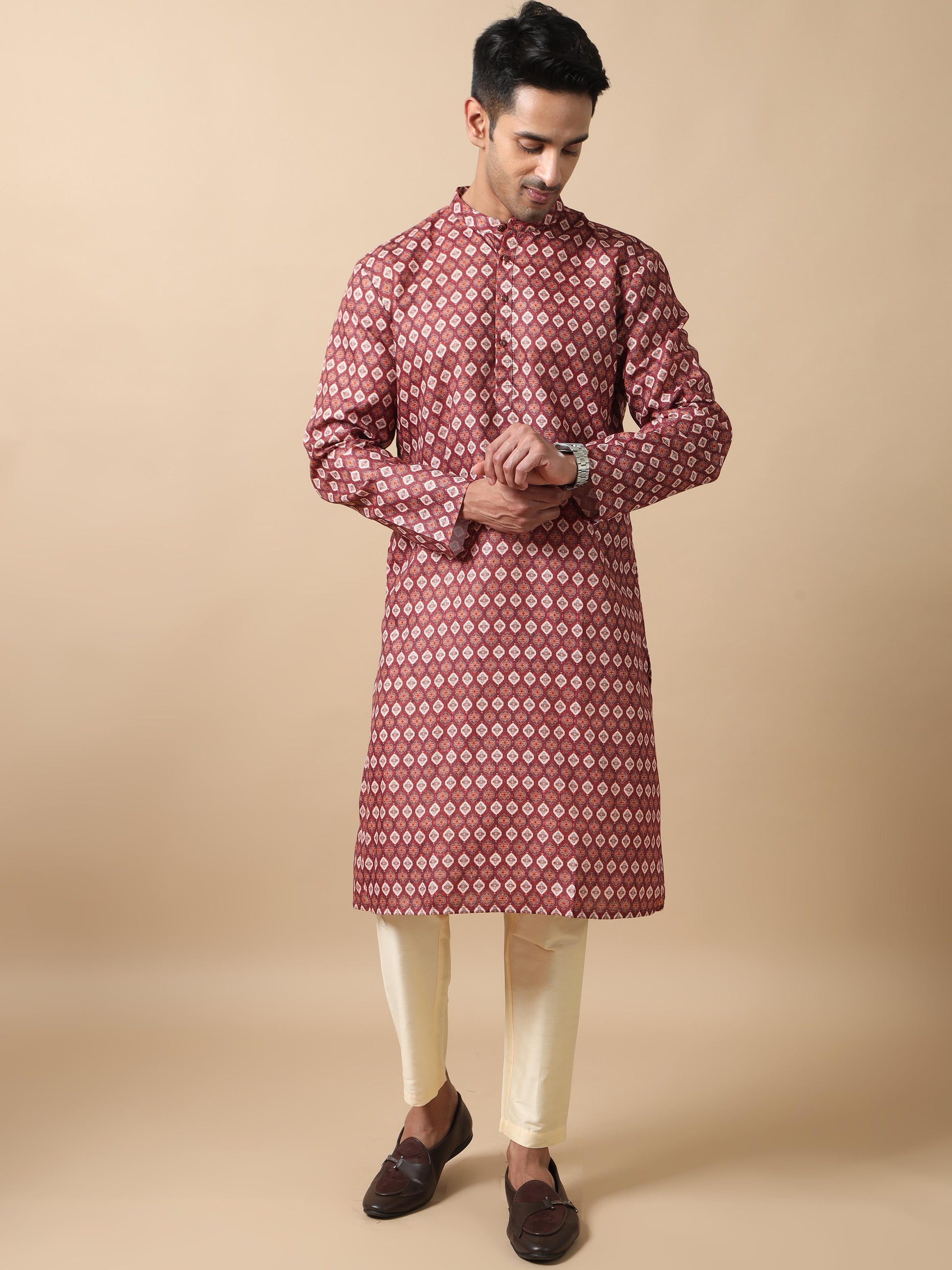 Maroon printed kurta for men