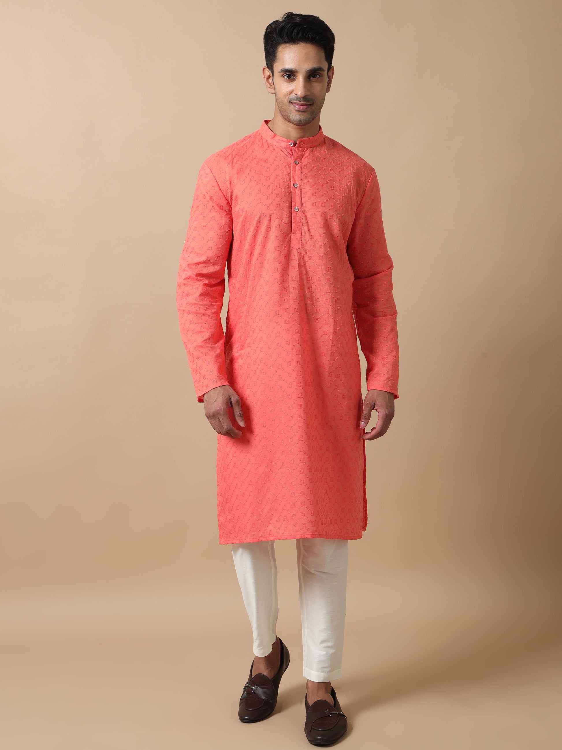 Coral Peach men's long kurtas online shopping