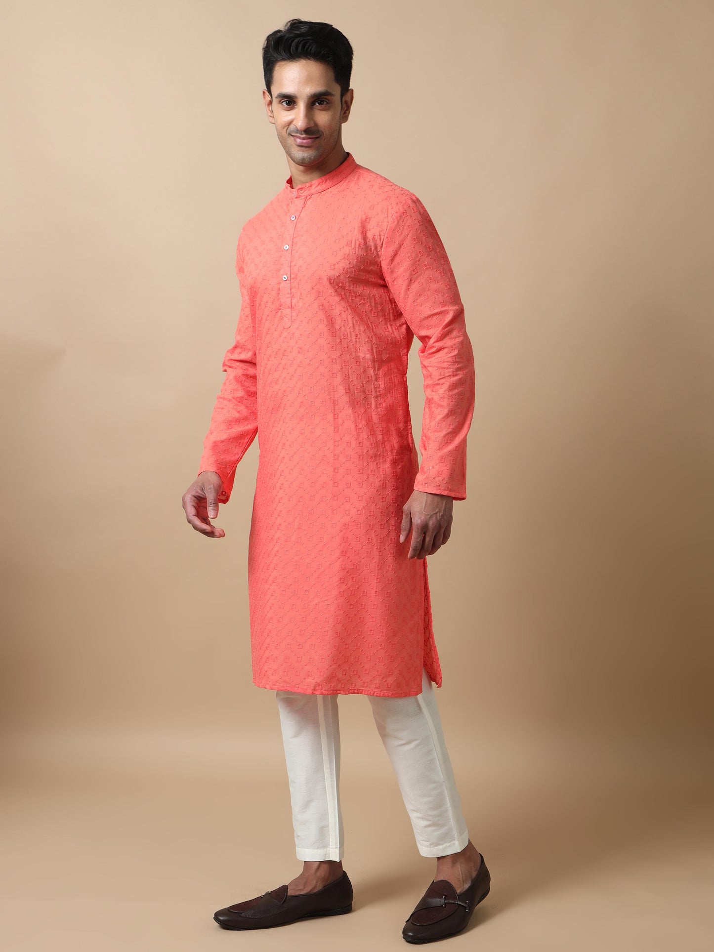 Coral Peach men's long kurtas online shopping