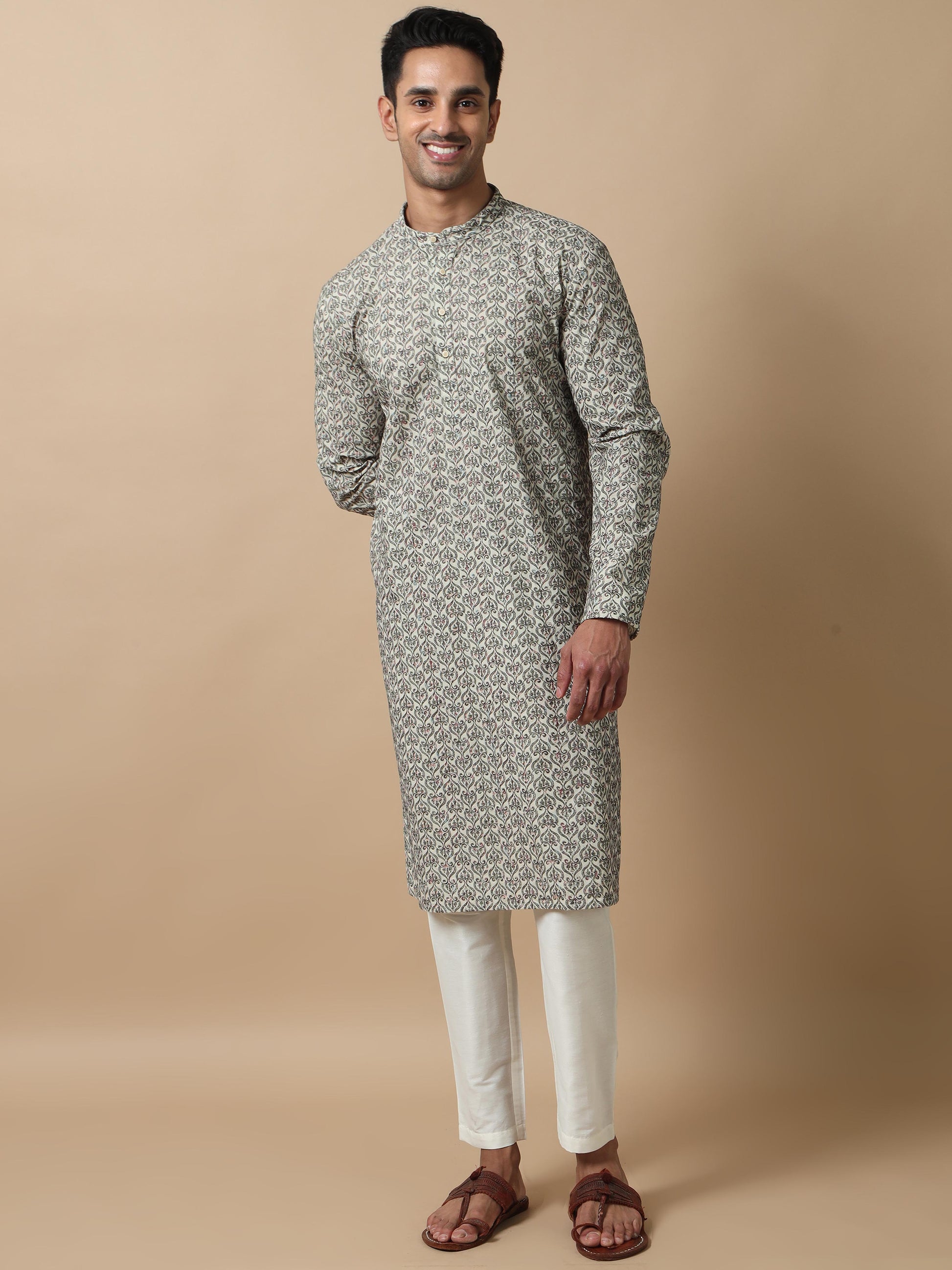 Green Embroidered kurta long for men