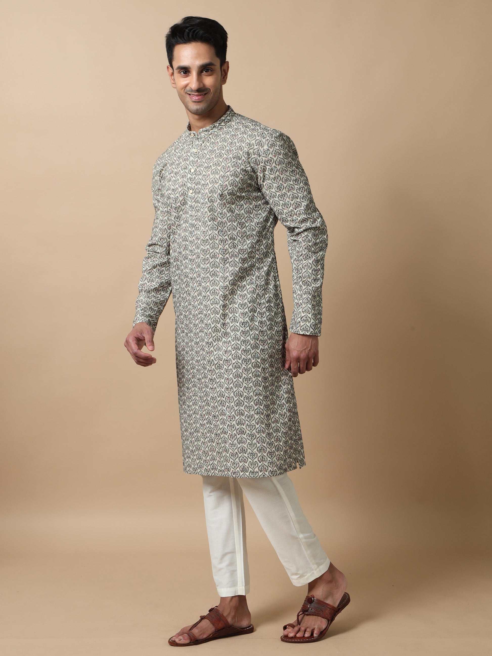 Green Embroidered kurta long for men