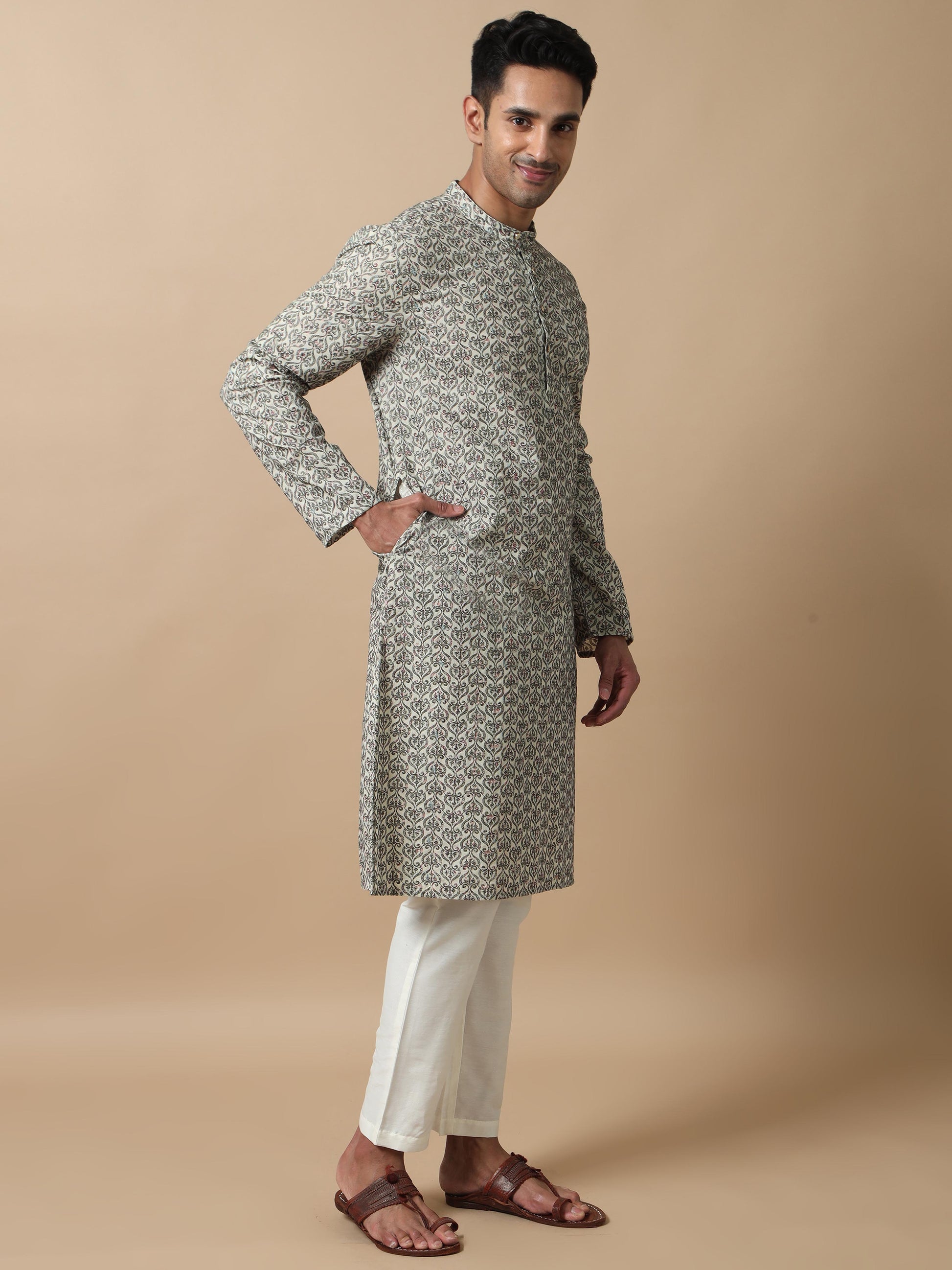 Green Embroidered kurta long for men