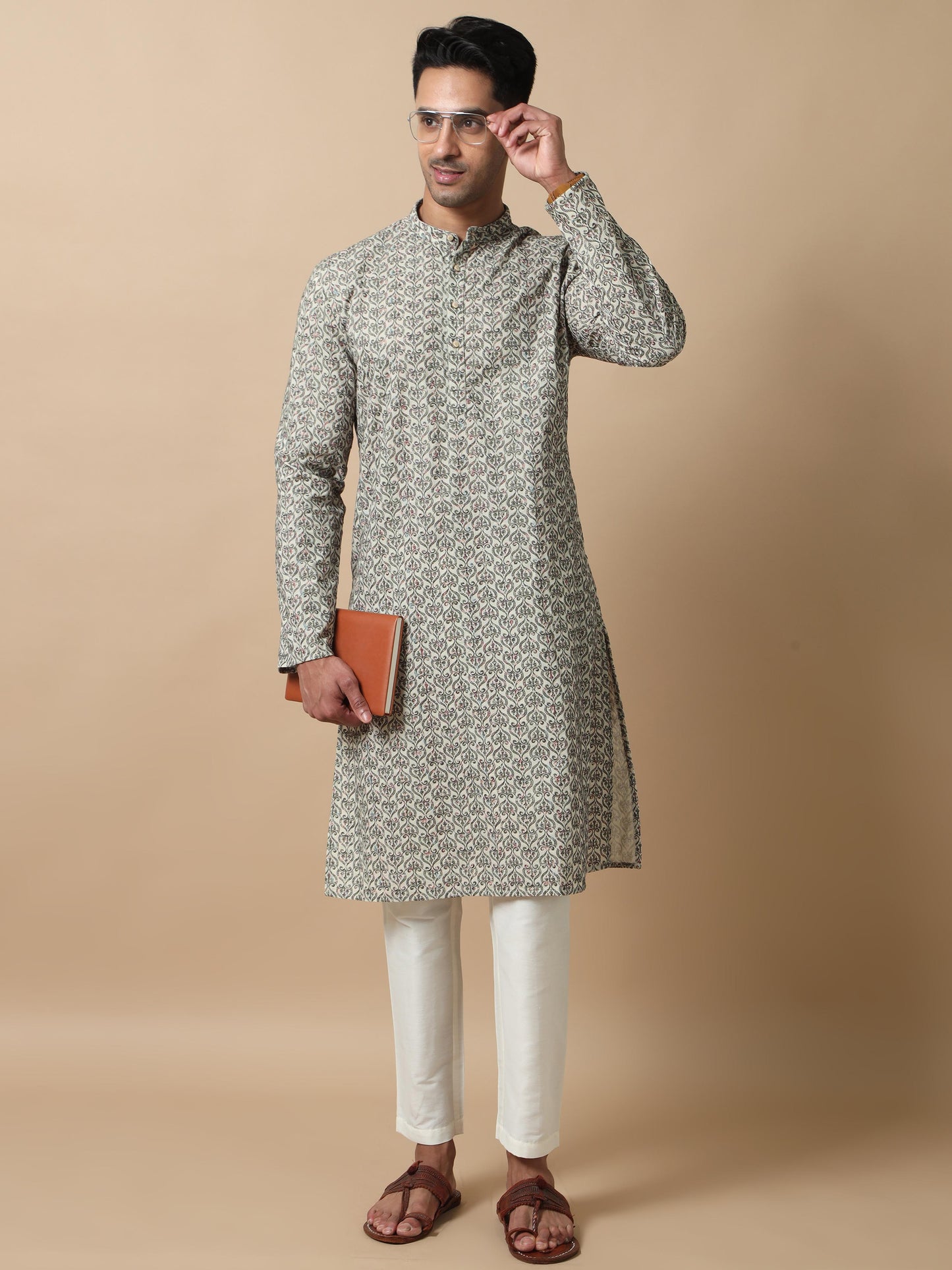 Green Embroidered kurta long for men