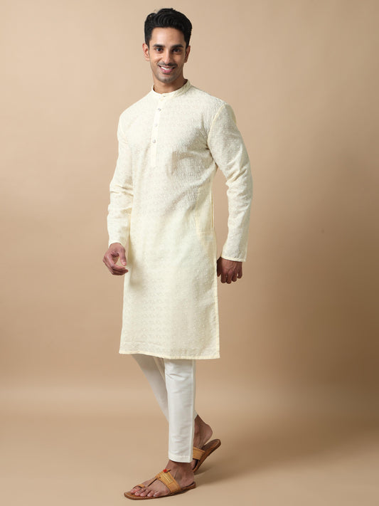 Cream chikankari mens long kurta designs