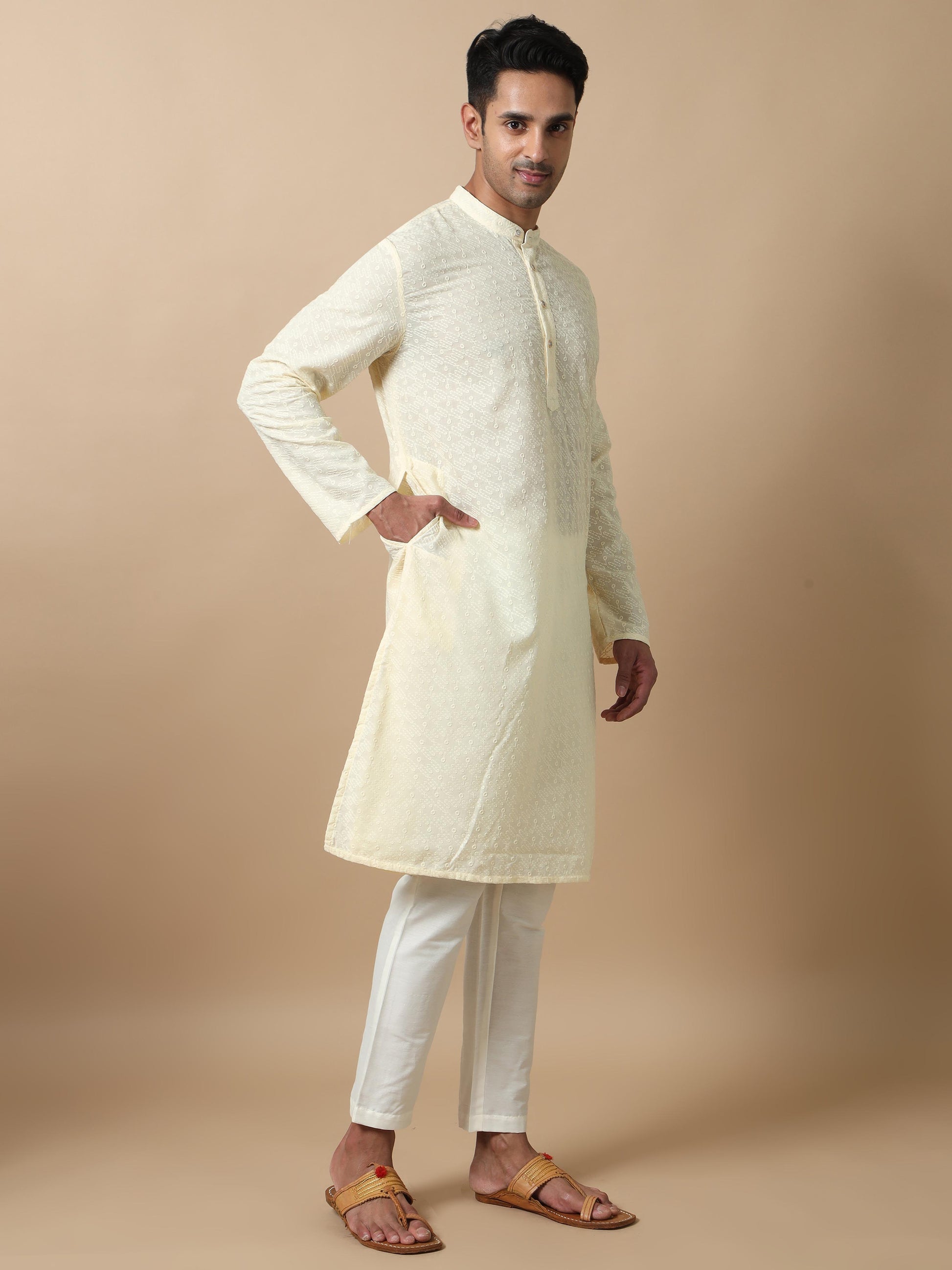 Cream chikankari mens long kurta designs