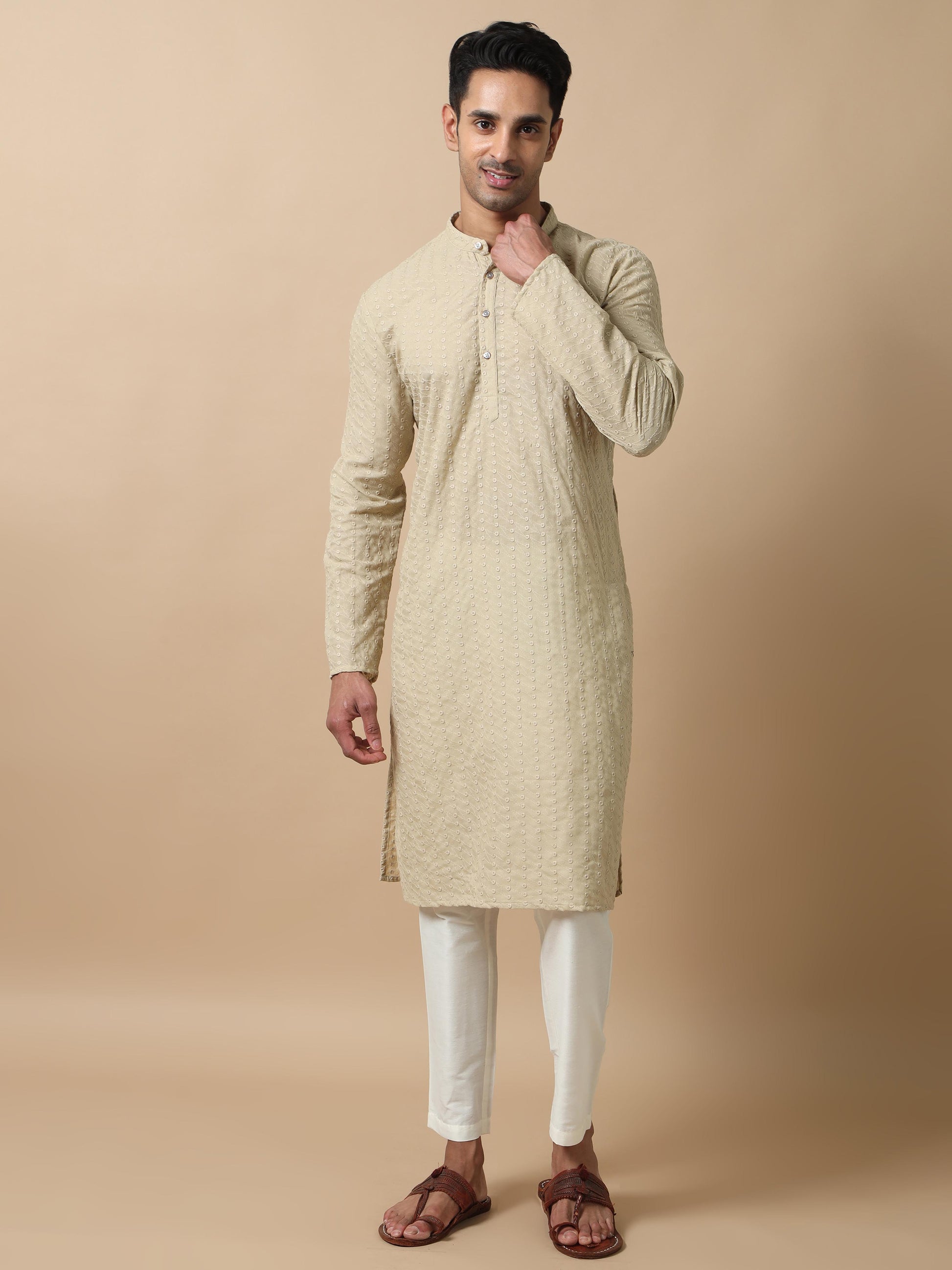 Grey chikankari men's long kurtas online shopping