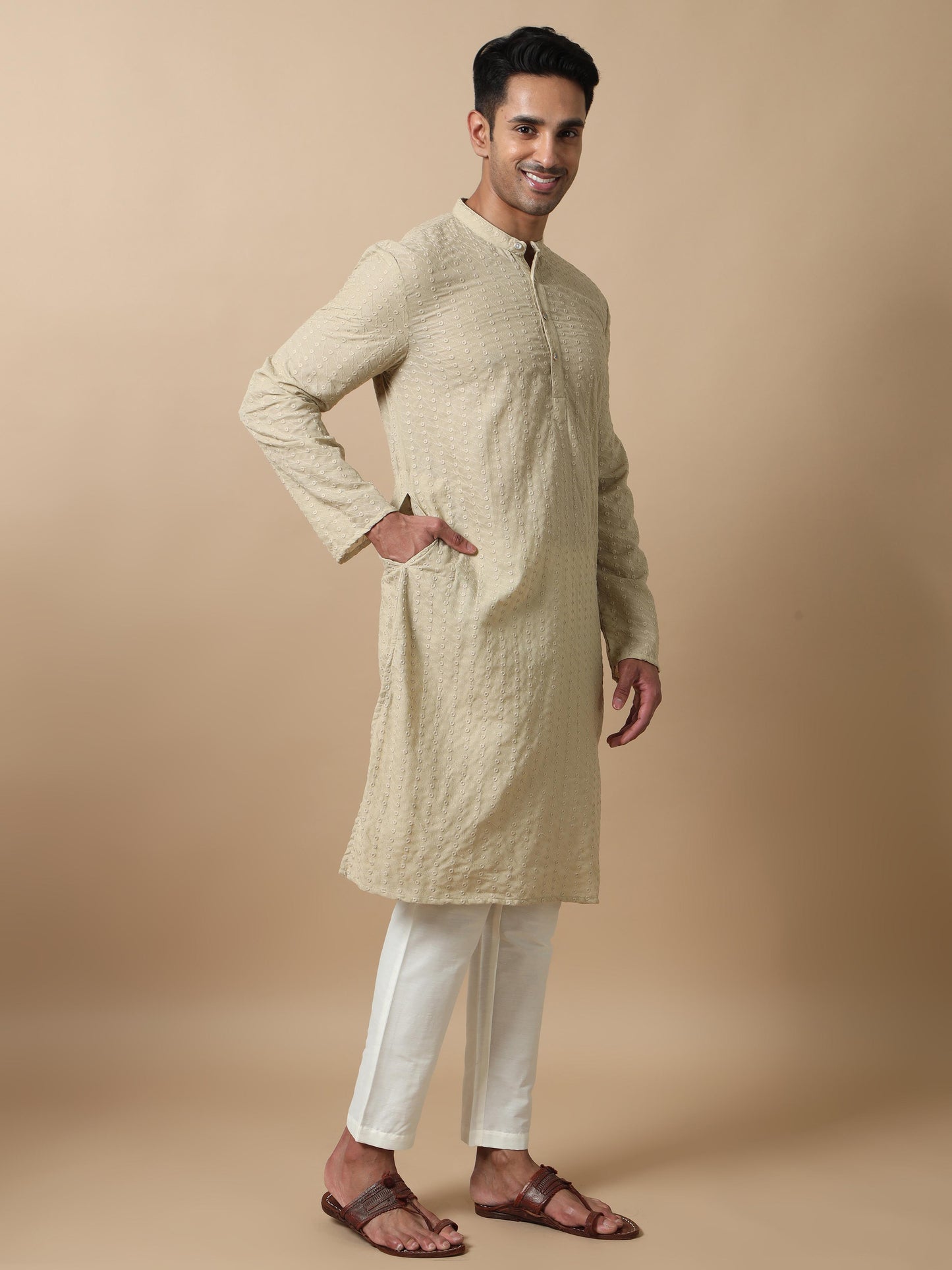 Grey chikankari men's long kurtas online shopping