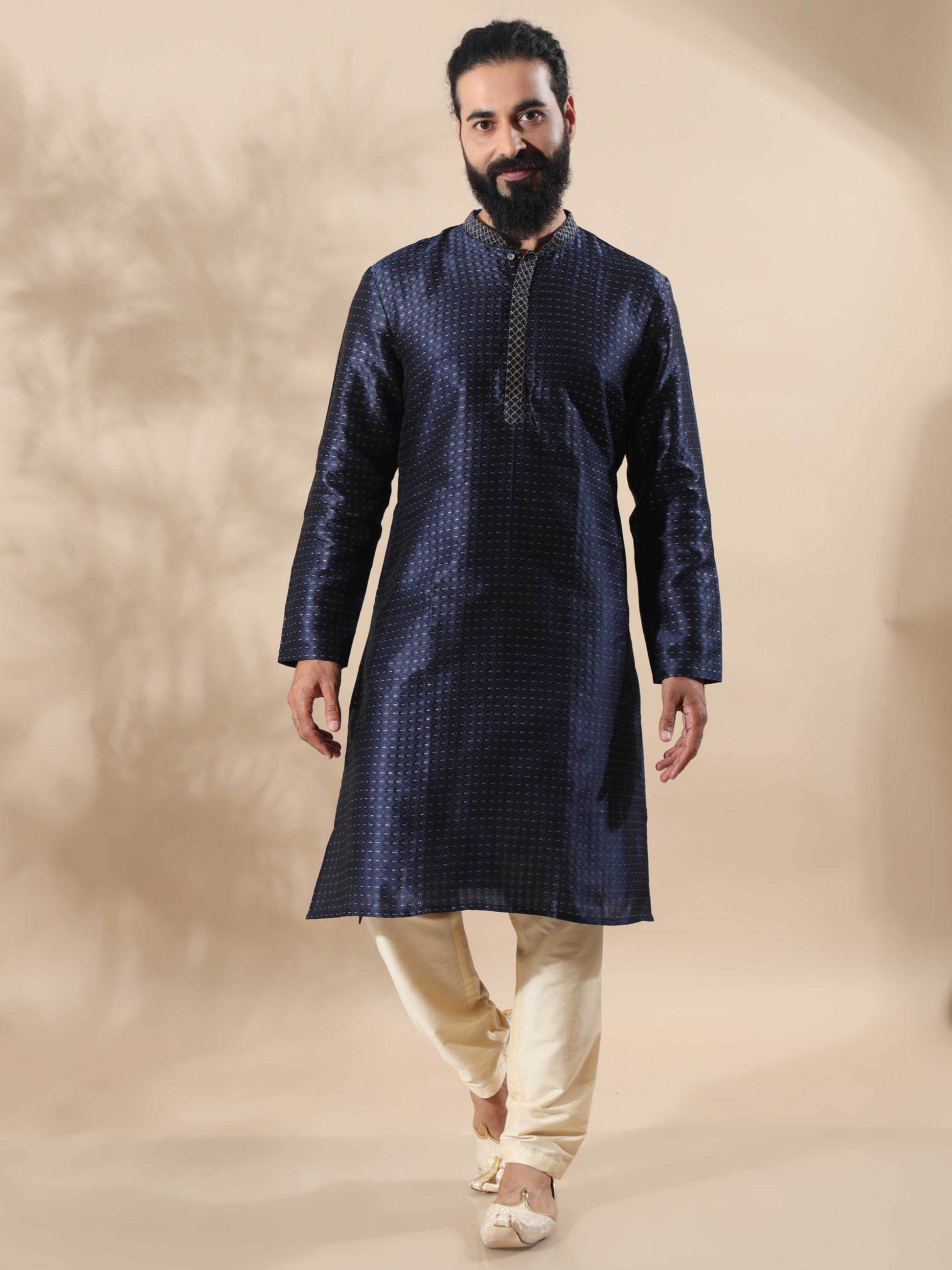 Navy Blue with Gold Embroidered Long Kurta