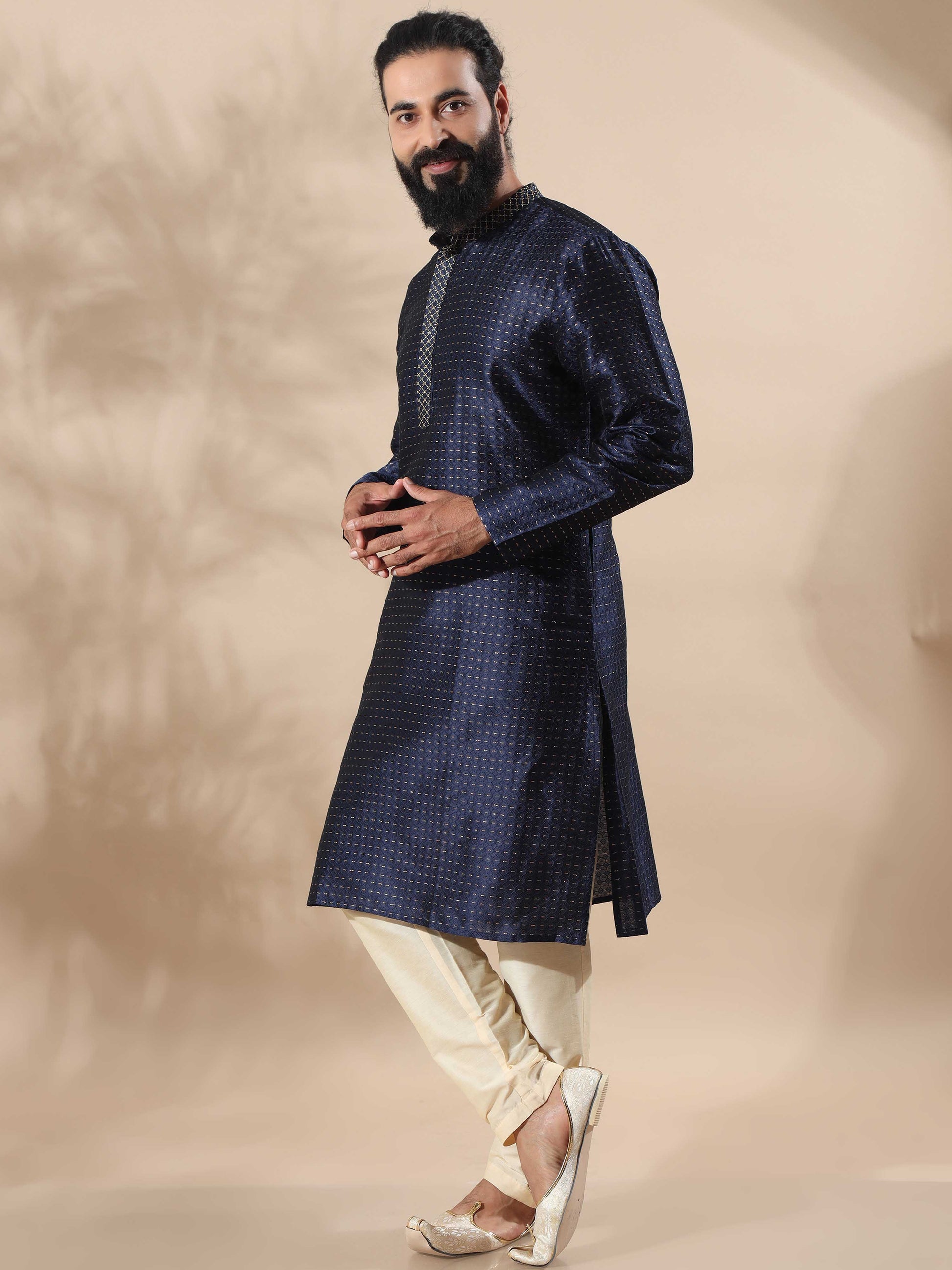 Navy Blue with Gold Embroidered Long Kurta