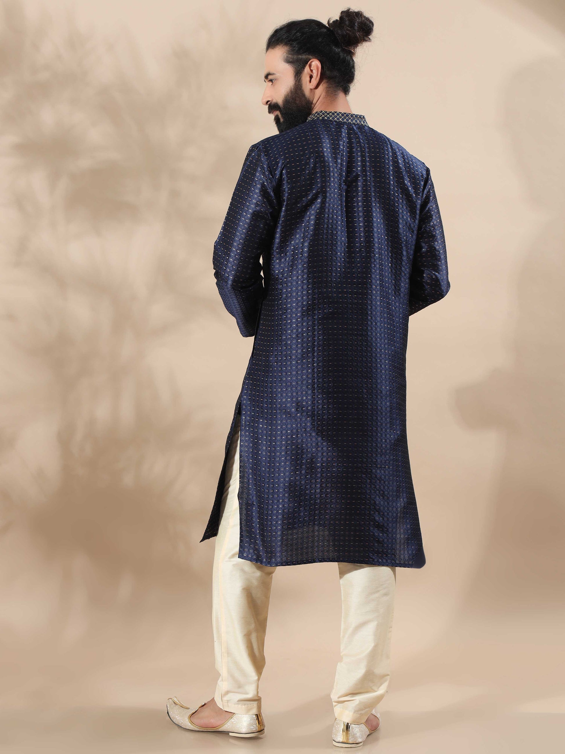 Navy Blue with Gold Embroidered Long Kurta