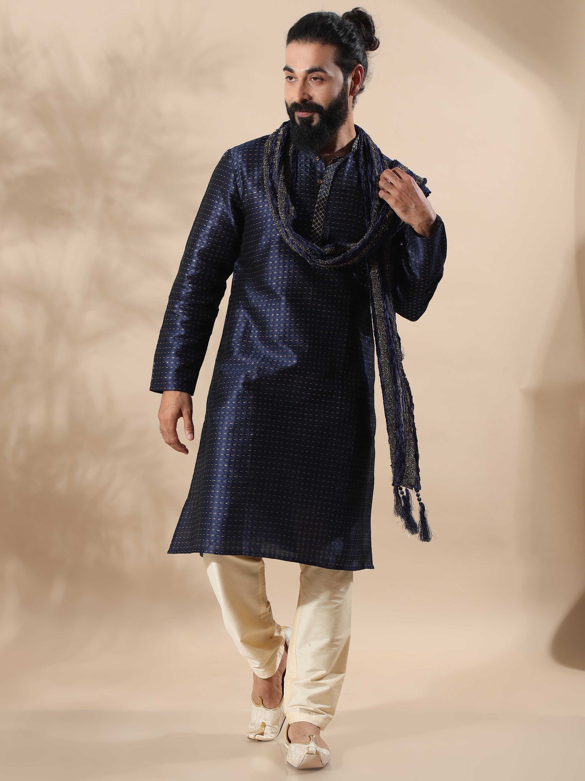 Navy Blue with Gold Embroidered Long Kurta