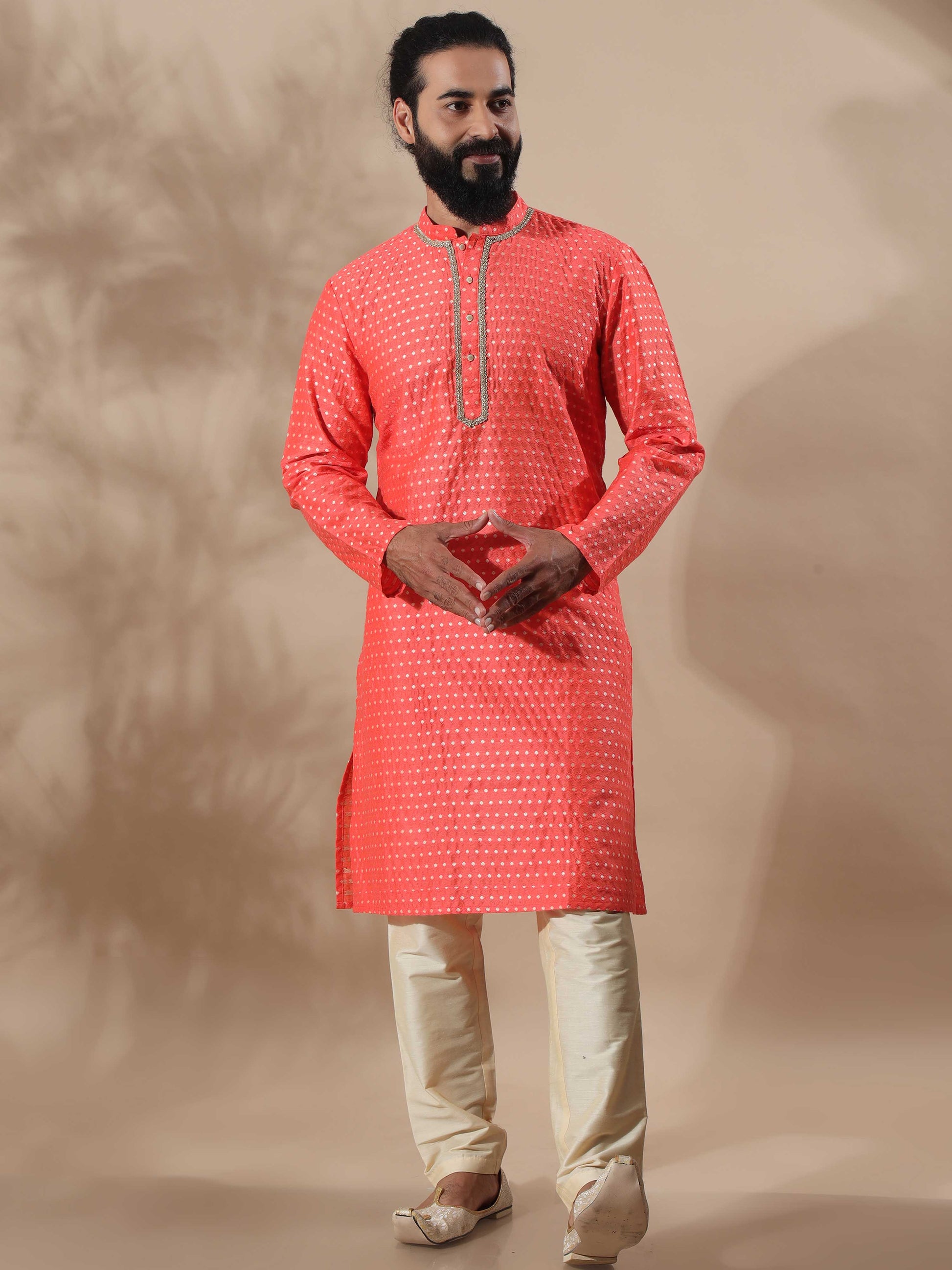 Coral Banarasi mandarin collar kurta mens