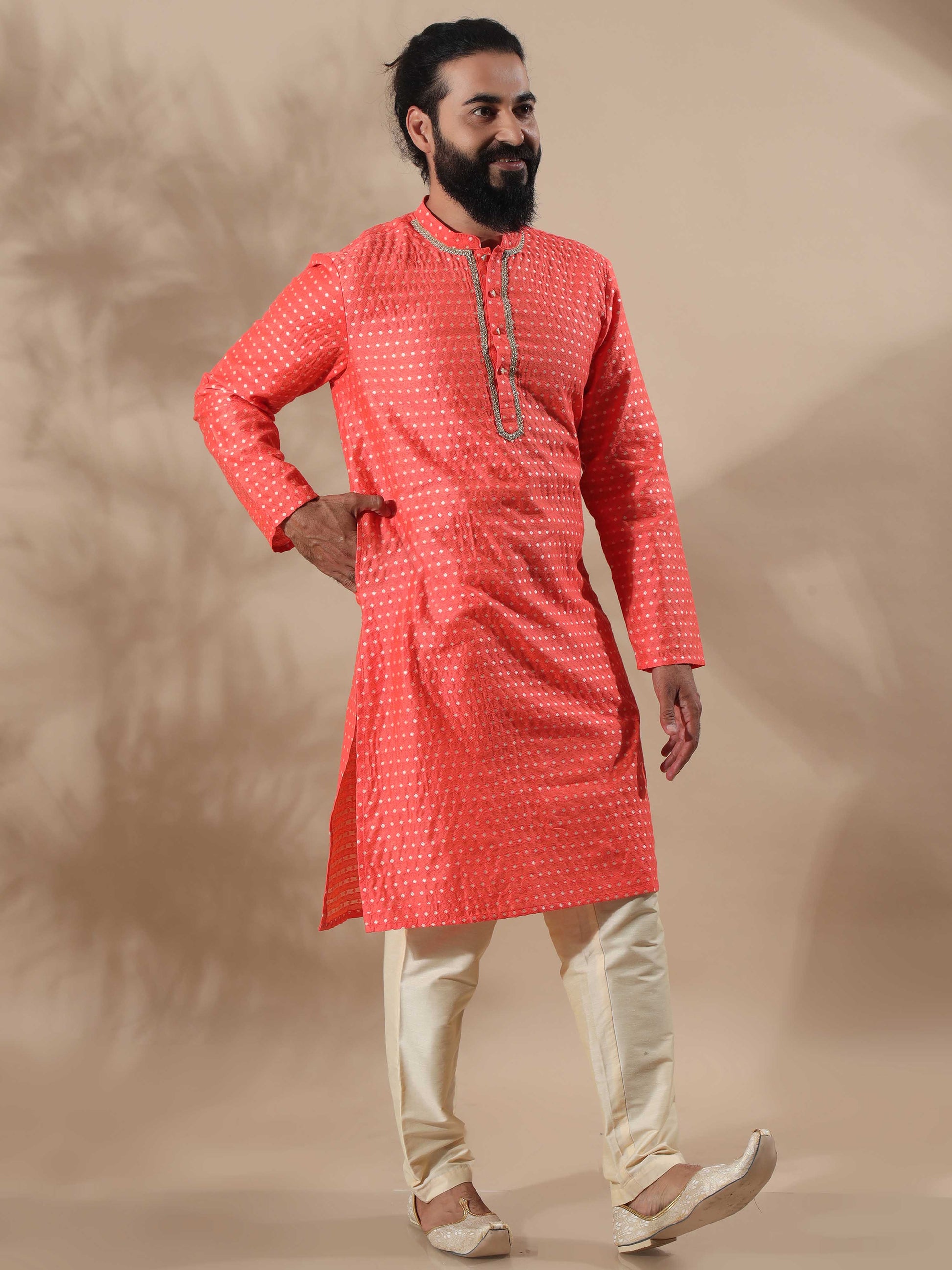 Coral Banarasi mandarin collar kurta mens