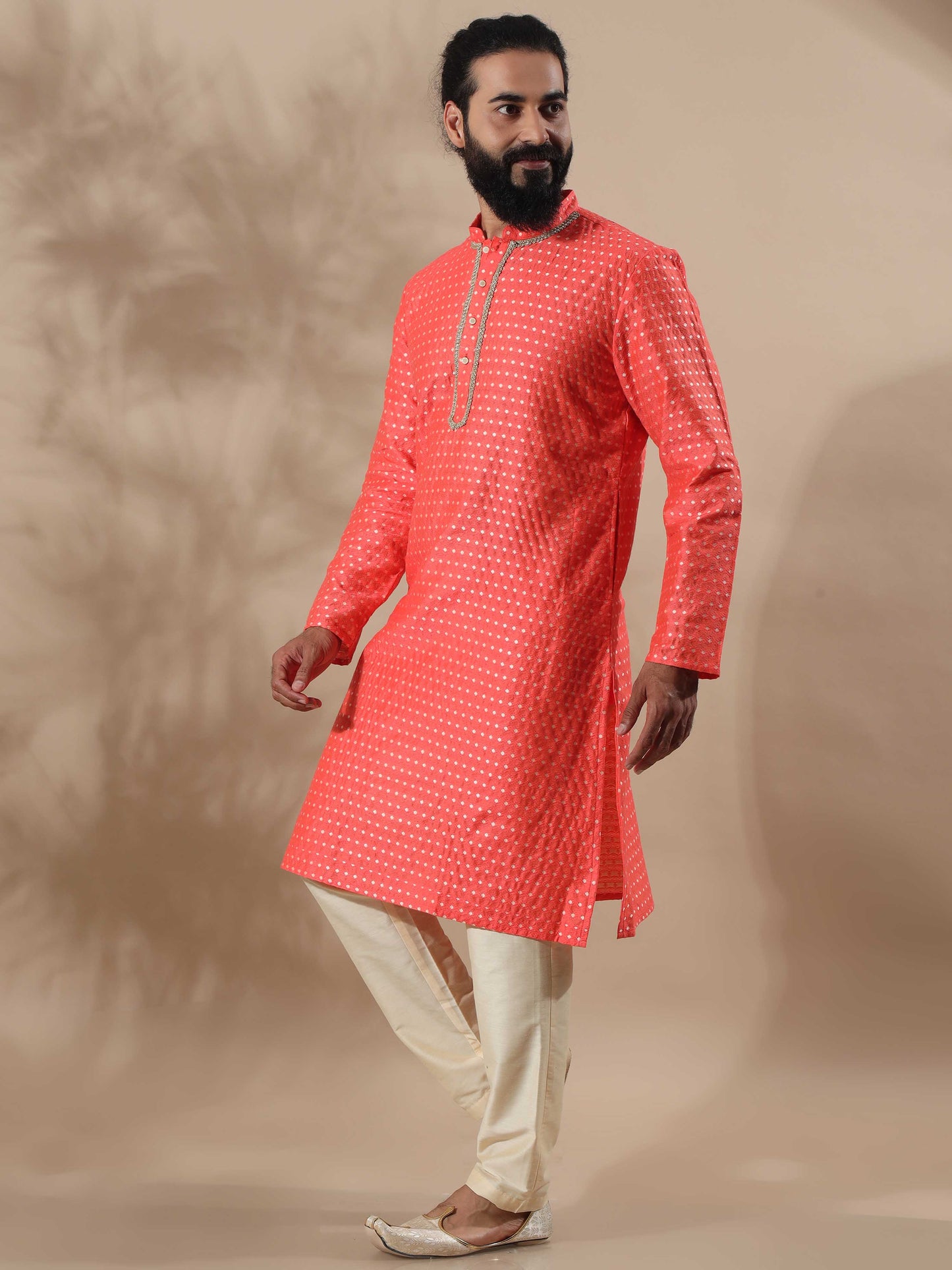 Coral Banarasi mandarin collar kurta mens