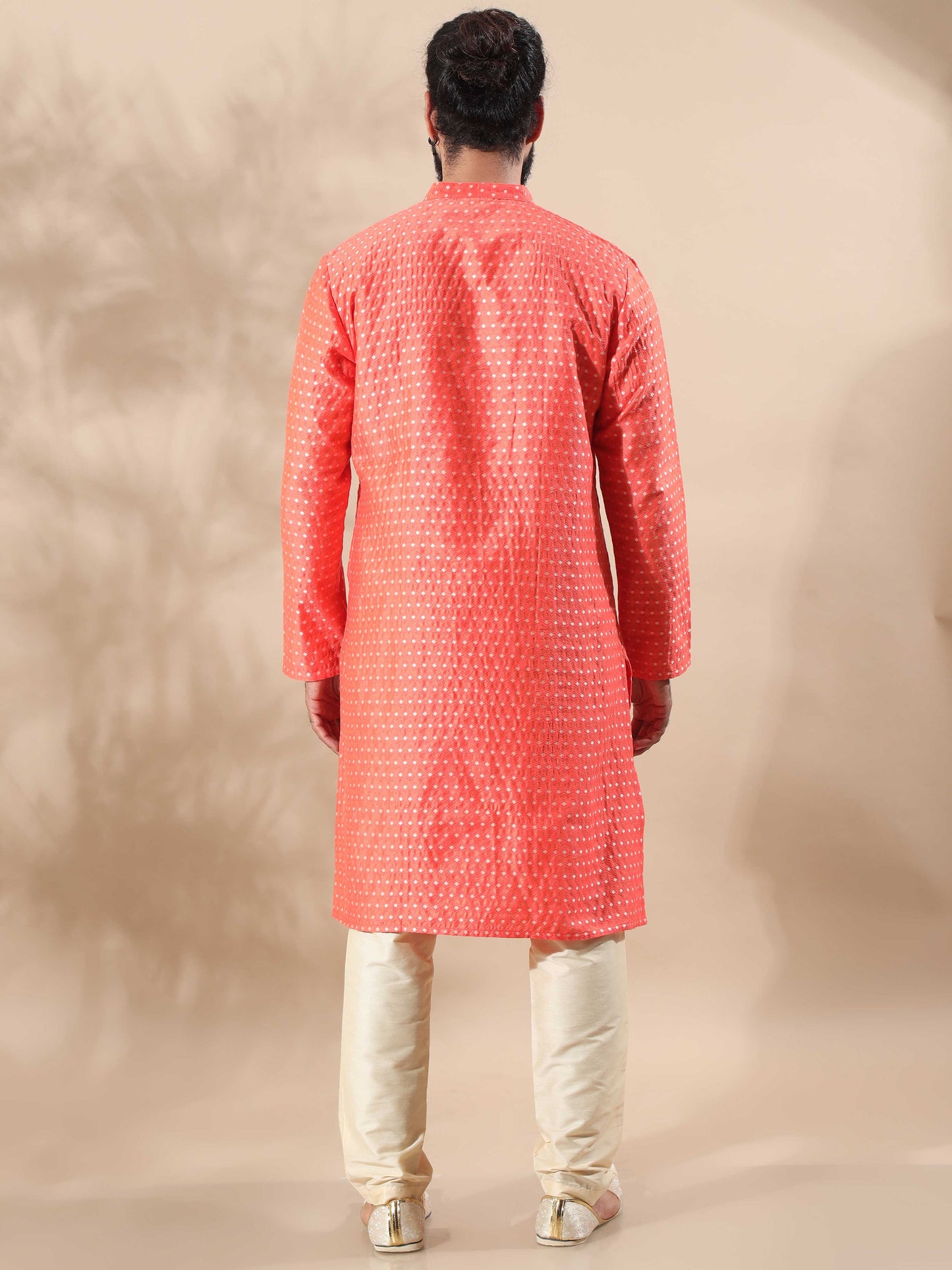 Coral Banarasi mandarin collar kurta mens