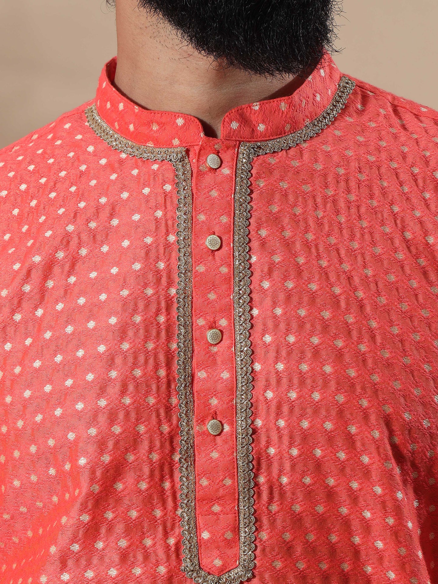 Coral Banarasi mandarin collar kurta mens