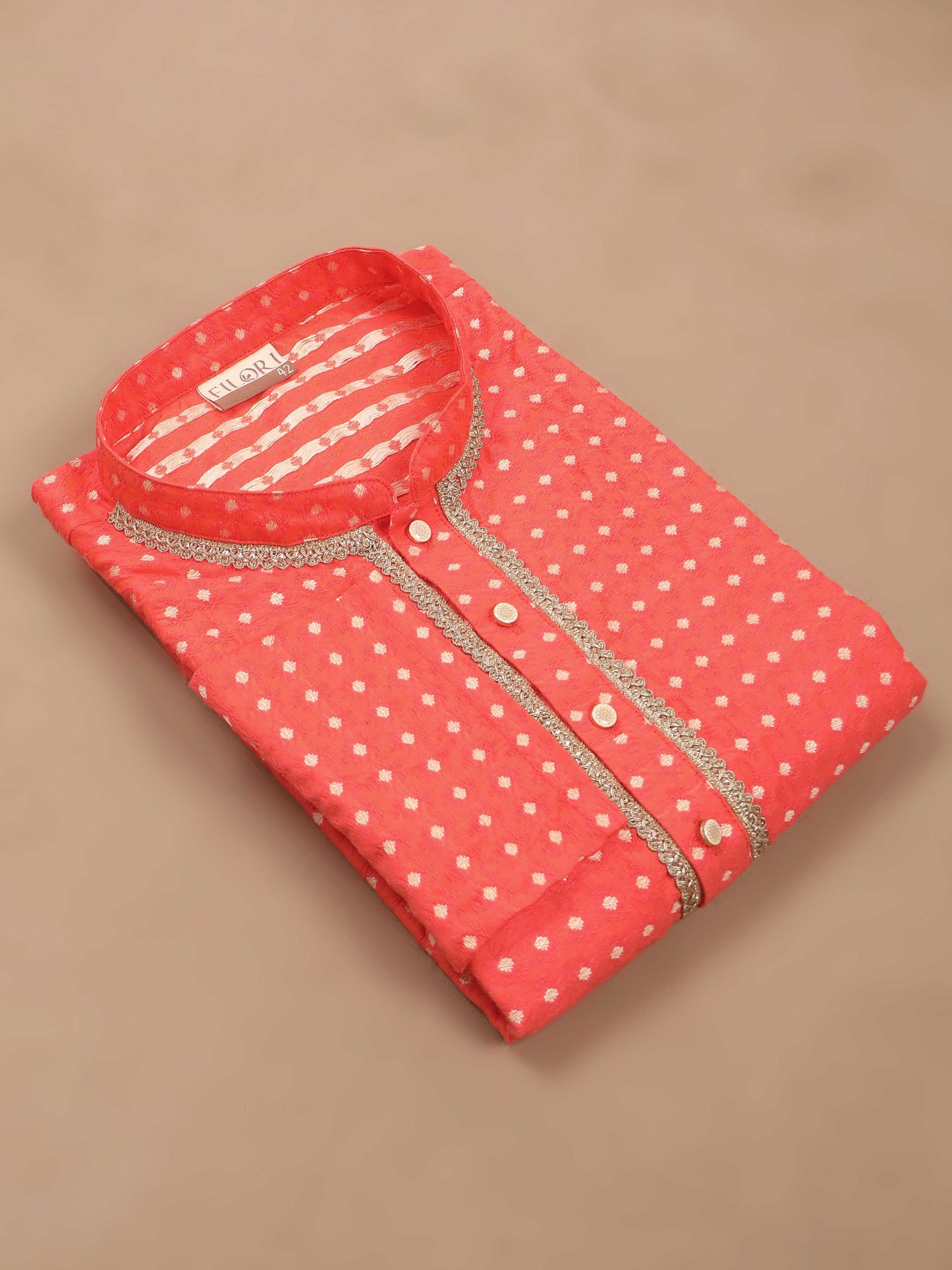 Coral Banarasi mandarin collar kurta mens