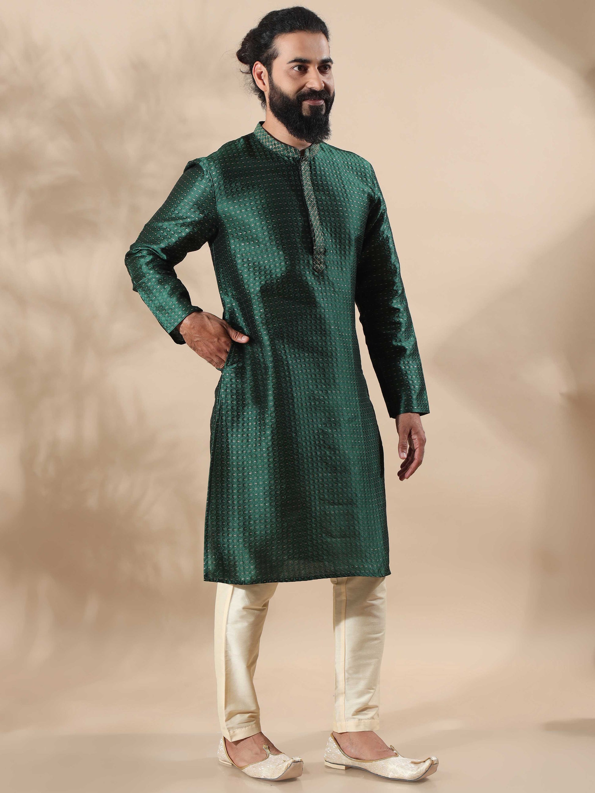 Bottle Green With Gold Embroidered Knee Length Kurta For Men