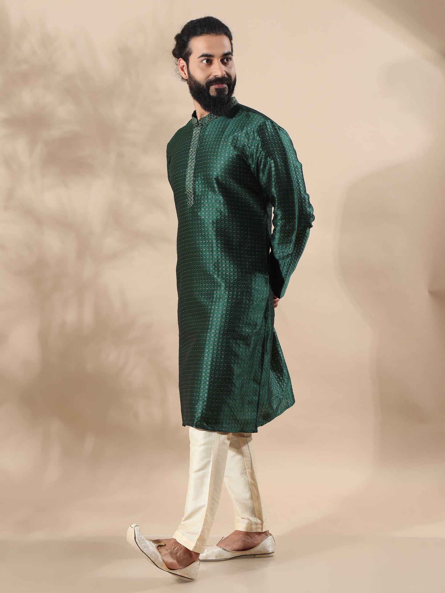 Bottle Green With Gold Embroidered Knee Length Kurta For Men