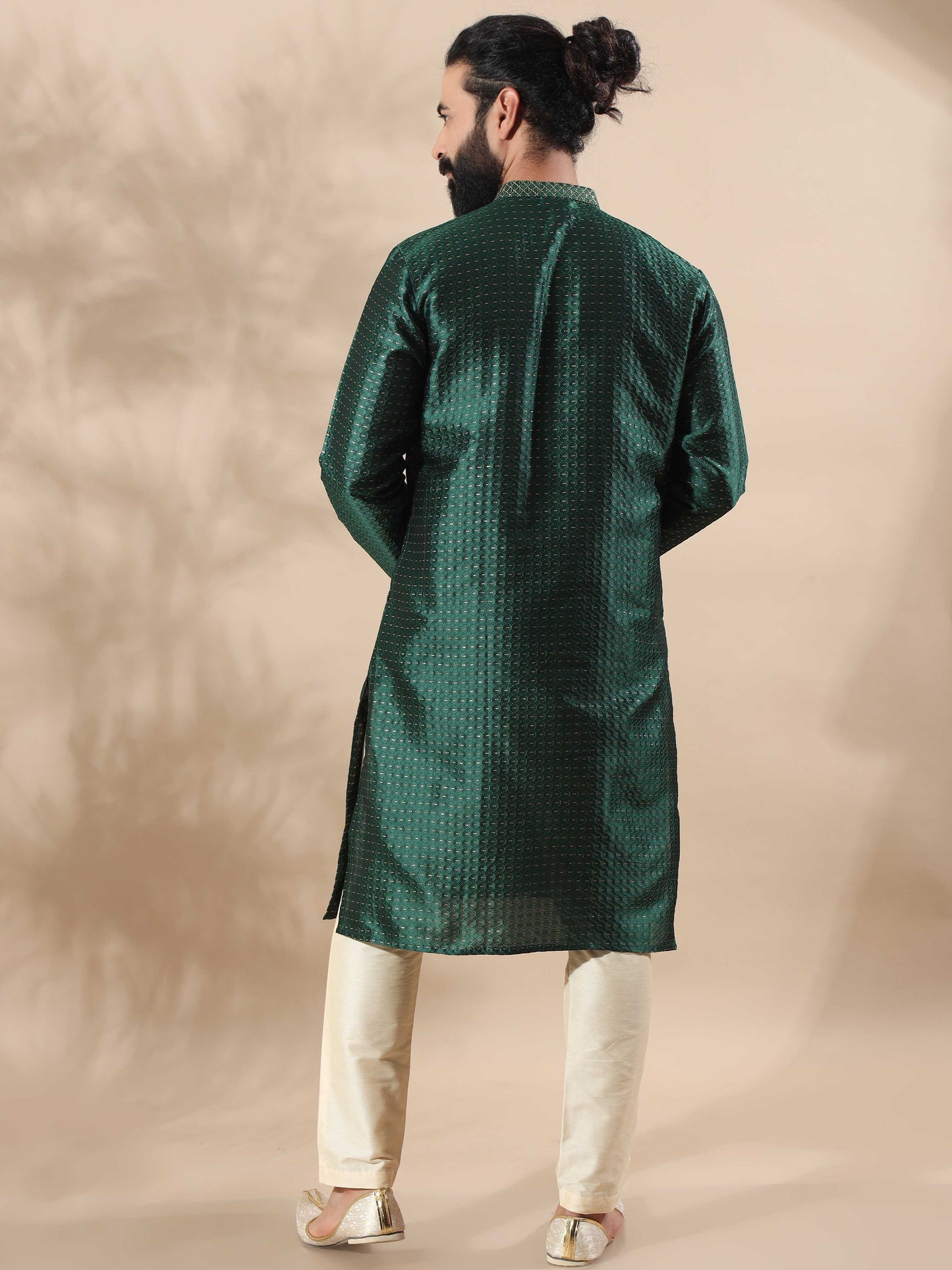 Bottle Green With Gold Embroidered Knee Length Kurta For Men