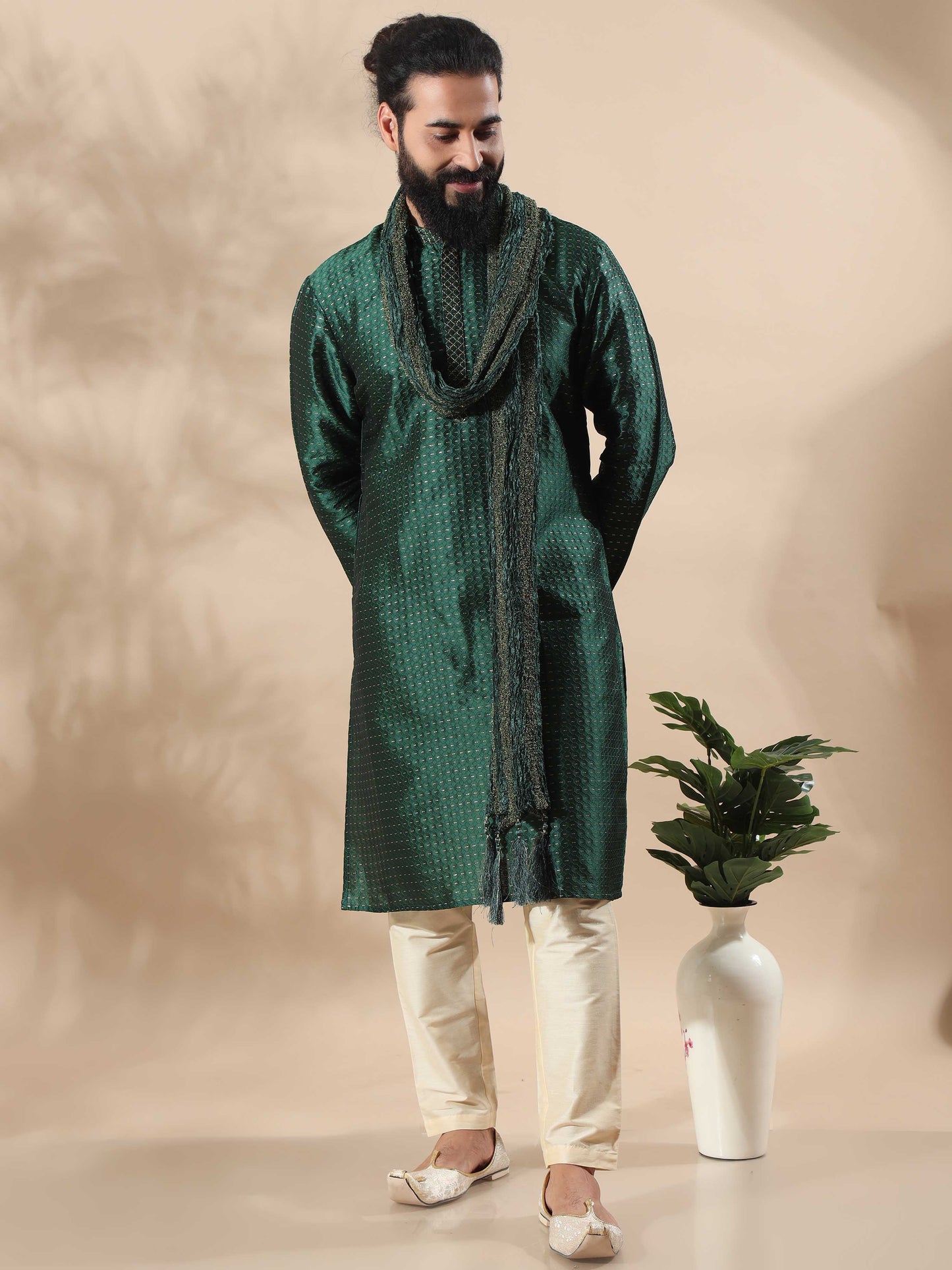 Bottle Green With Gold Embroidered Knee Length Kurta For Men