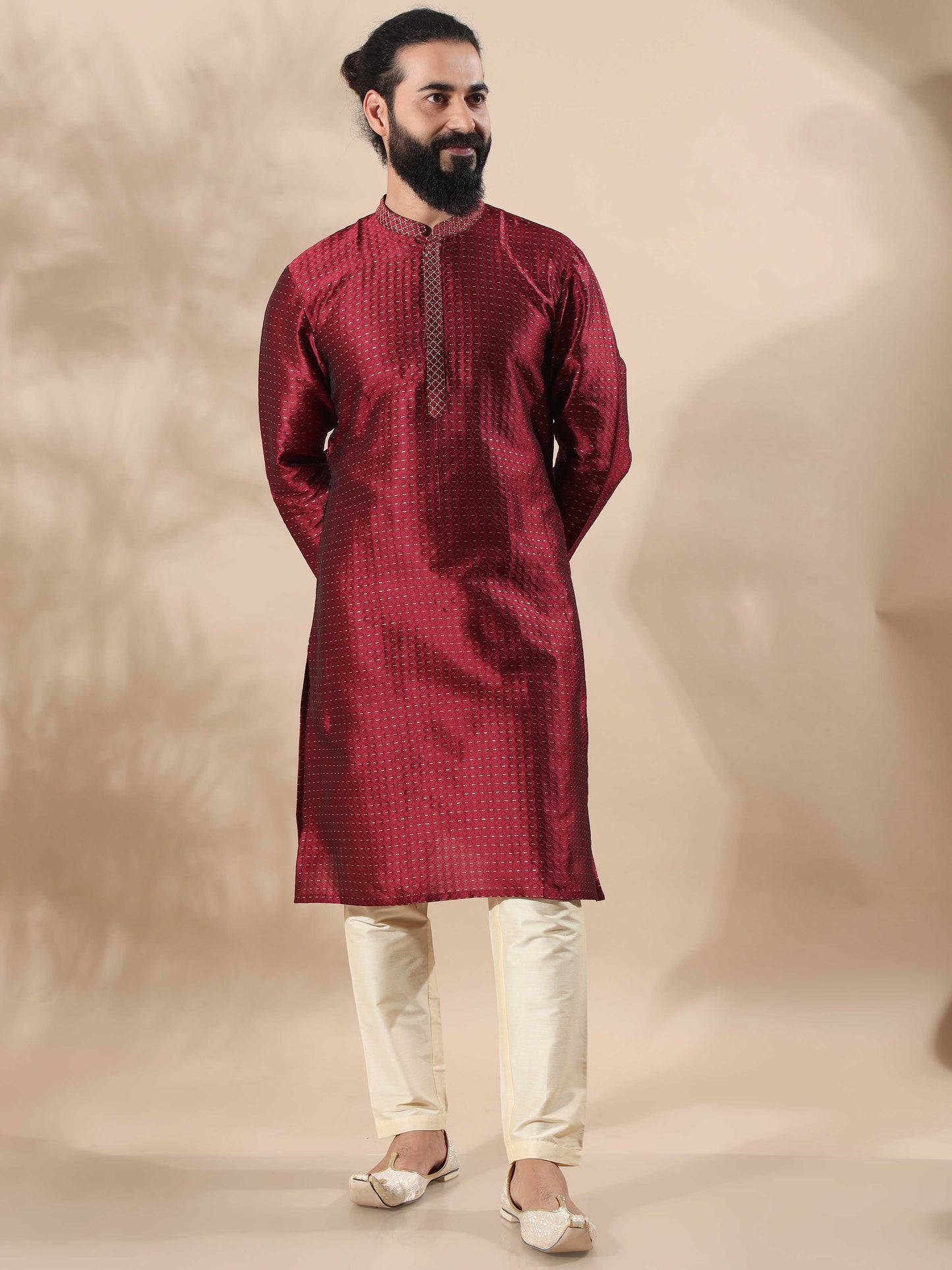 Maroon With Gold Embroidered Knee Length Kurta for Men