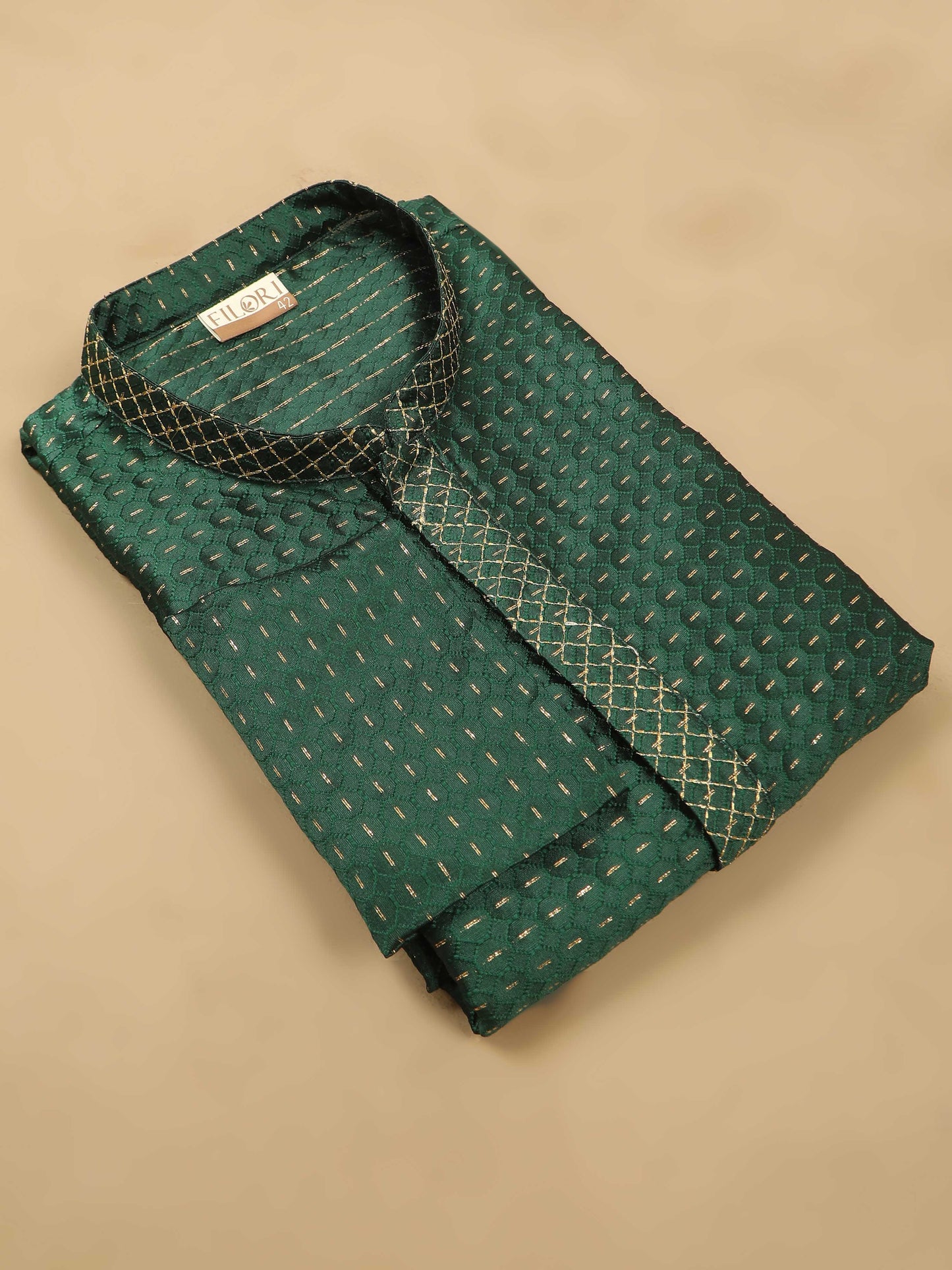 Bottle Green With Gold Embroidered Knee Length Kurta For Men