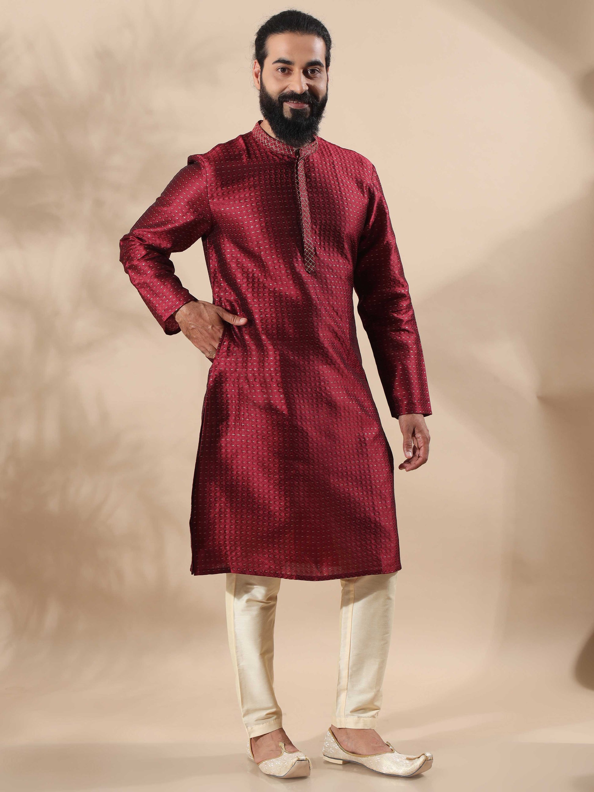 Maroon With Gold Embroidered Knee Length Kurta for Men