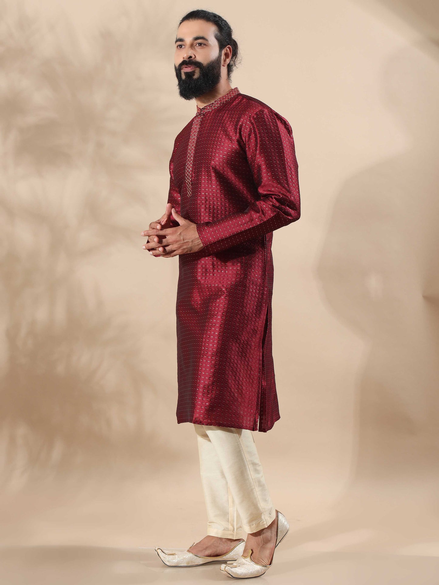 Maroon With Gold Embroidered Knee Length Kurta for Men