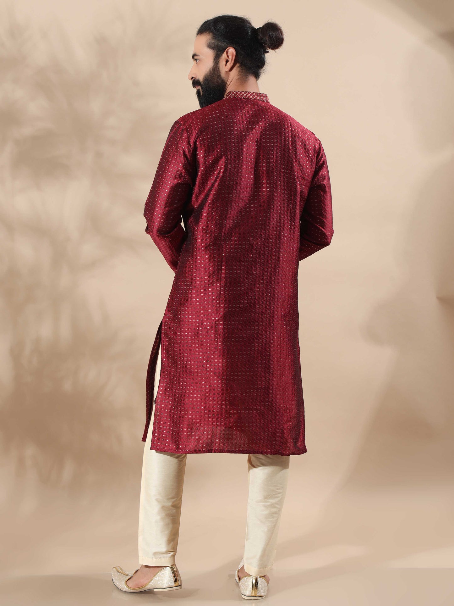 Maroon With Gold Embroidered Knee Length Kurta for Men