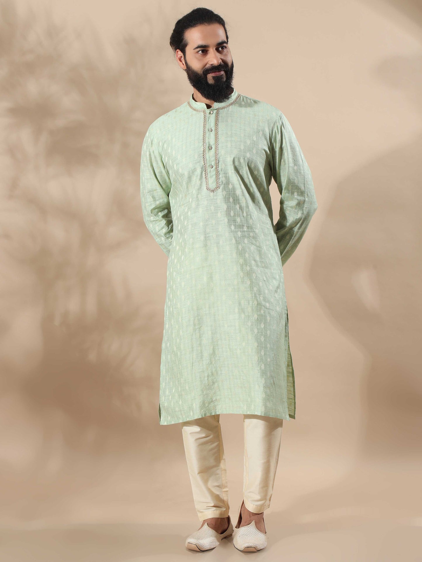 Pista Green mandarin collar kurta for men