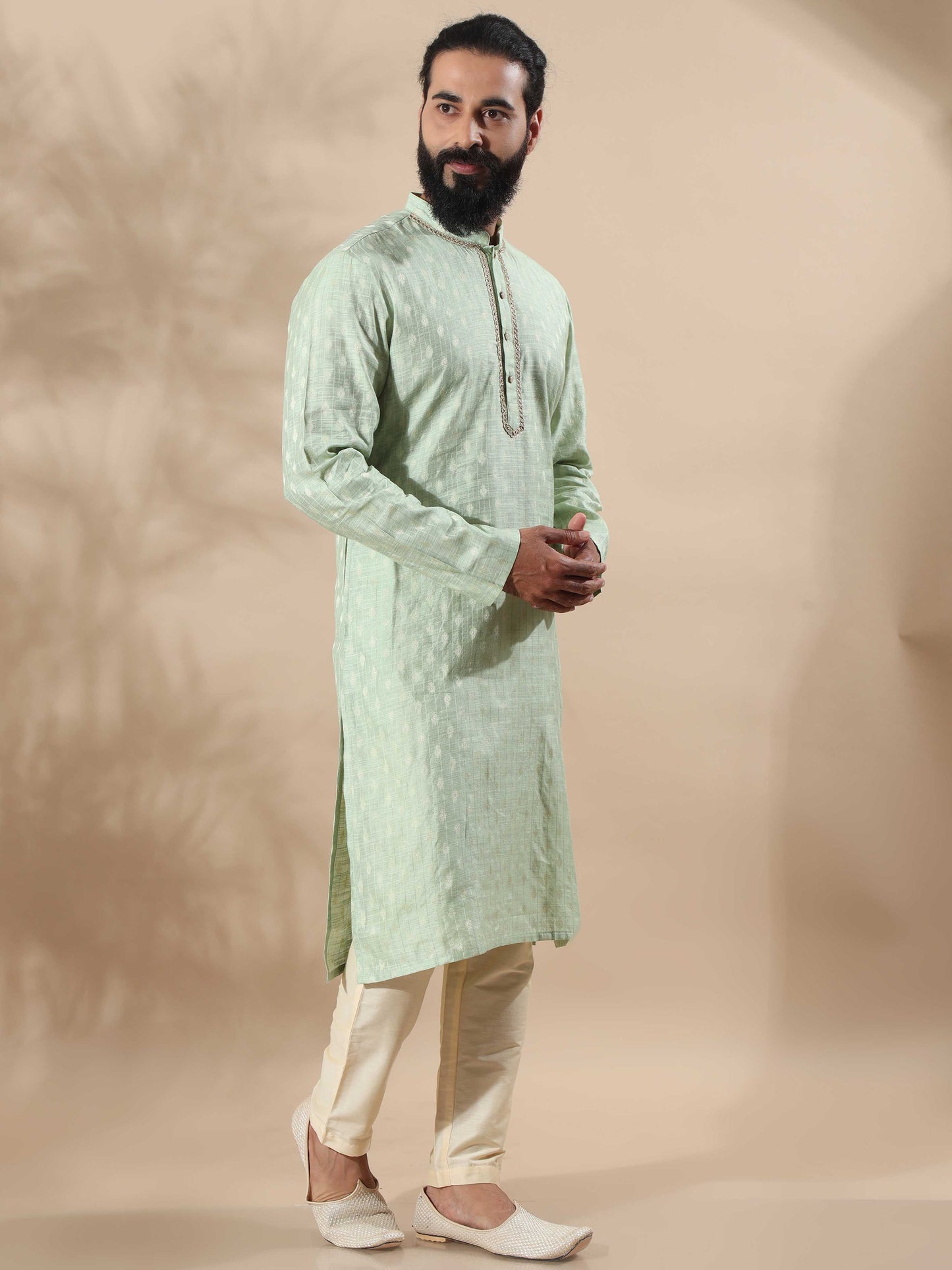 Pista Green mandarin collar kurta for men