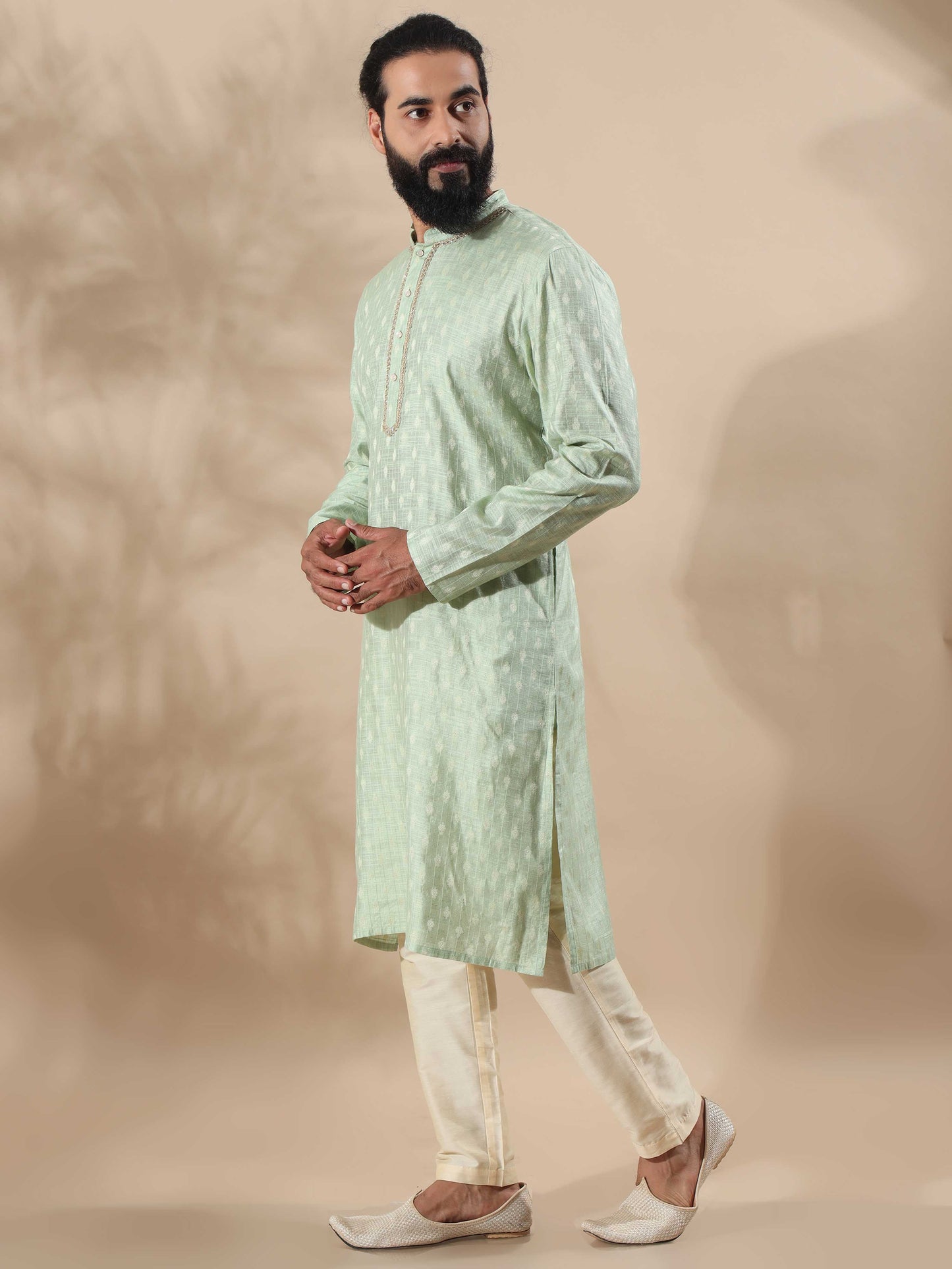 Pista Green mandarin collar kurta for men