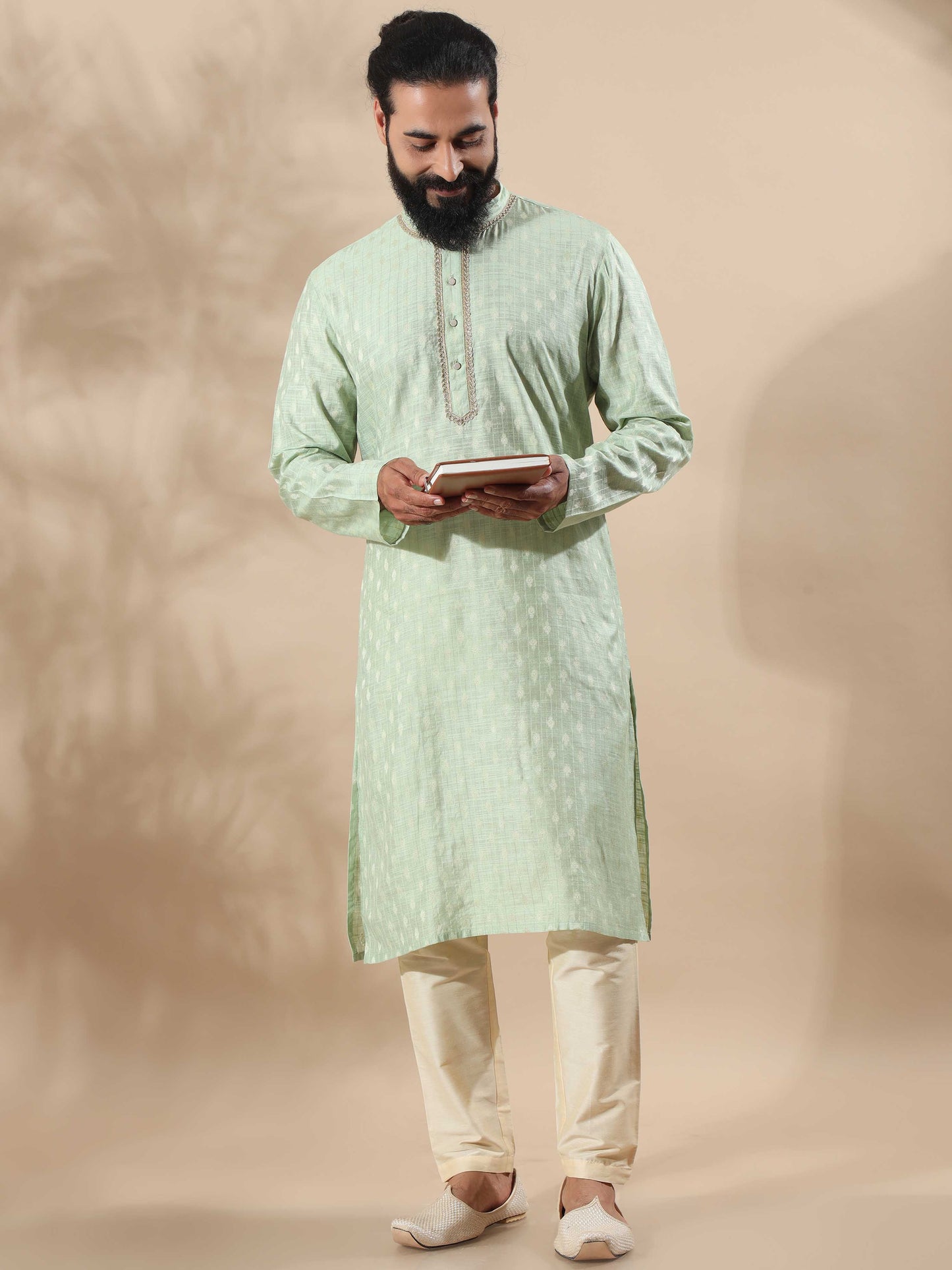 Pista Green mandarin collar kurta for men